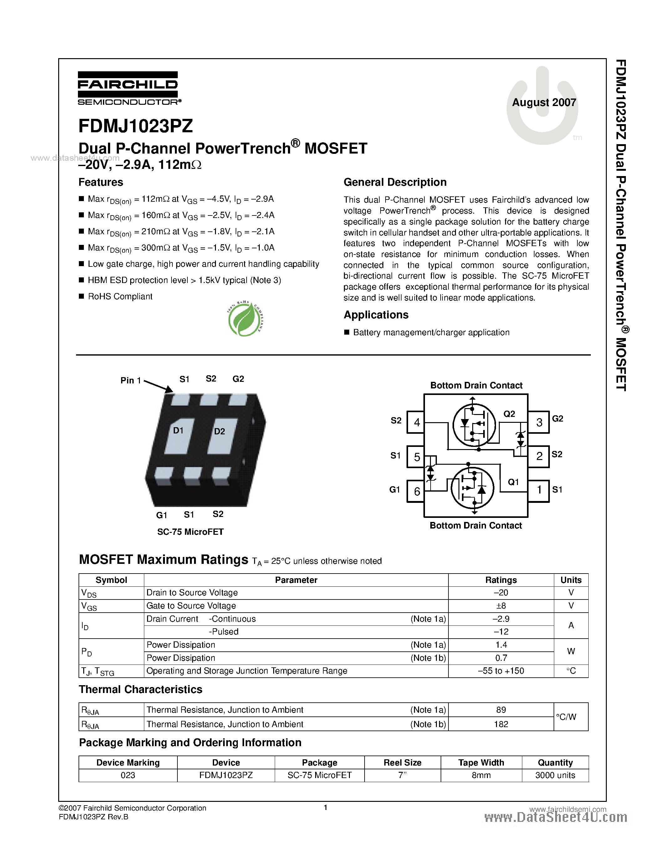 Datasheet FDMJ1023PZ - Dual P-Channel PowerTrench MOSFET page 1