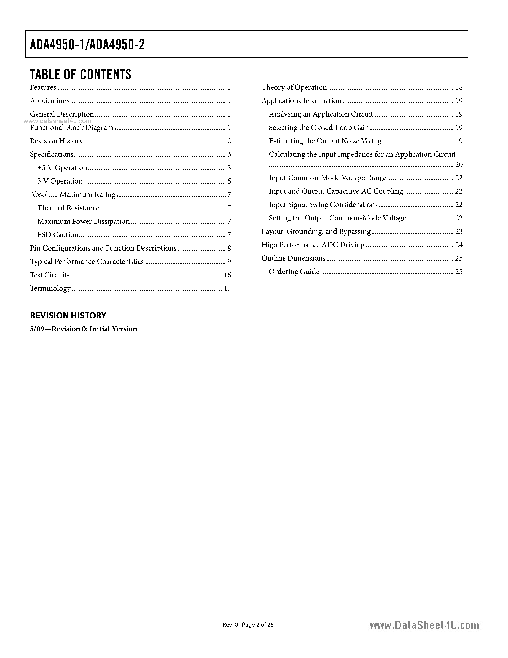 Datasheet ADA4950-1 - (ADA4950-1/-2) Low Power Selectable Gain Differential ADC Driver page 2