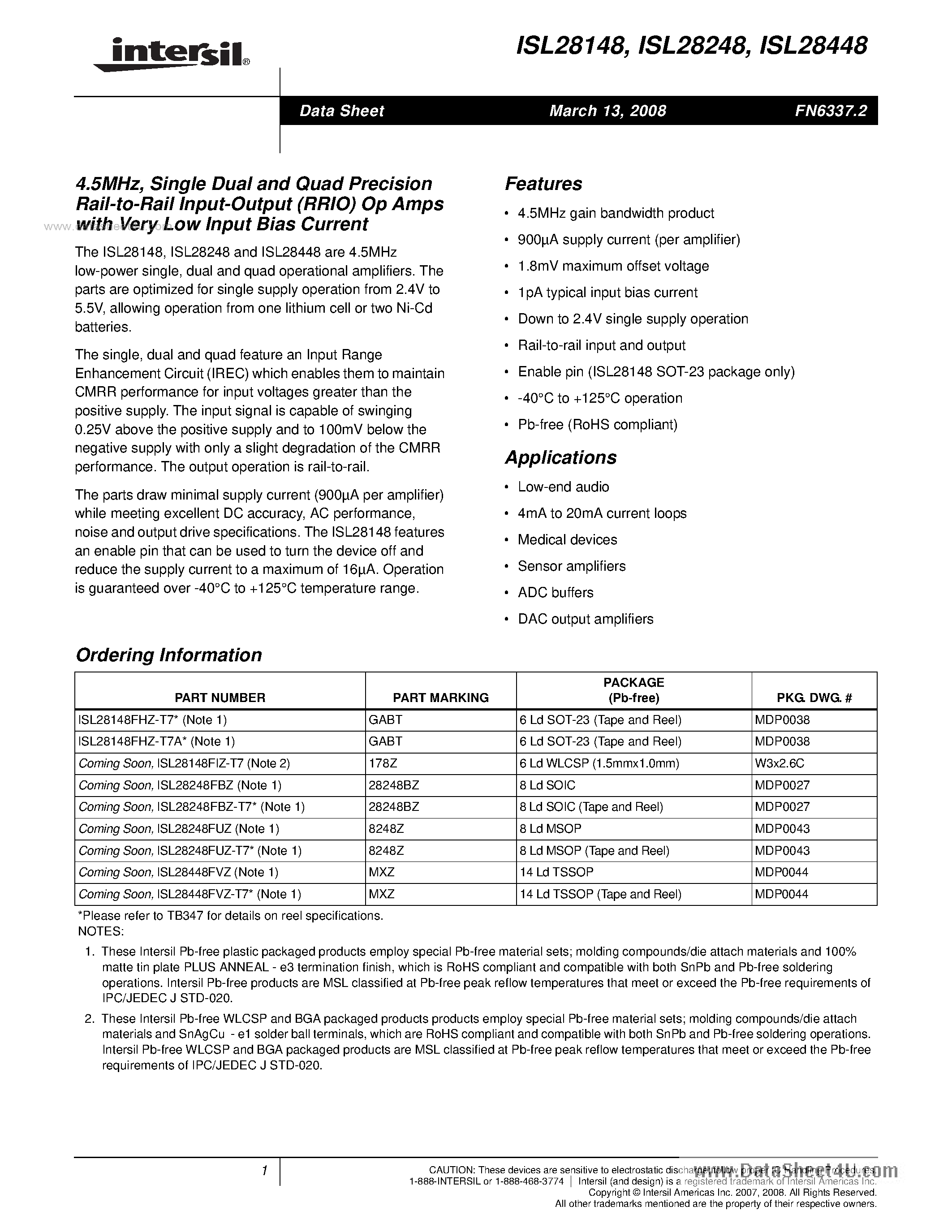 Даташит ISL28248 - (ISL28x48) Single Dual and Quad Precision Rail-to-Rail Input-Output (RRIO) Op Amps страница 1