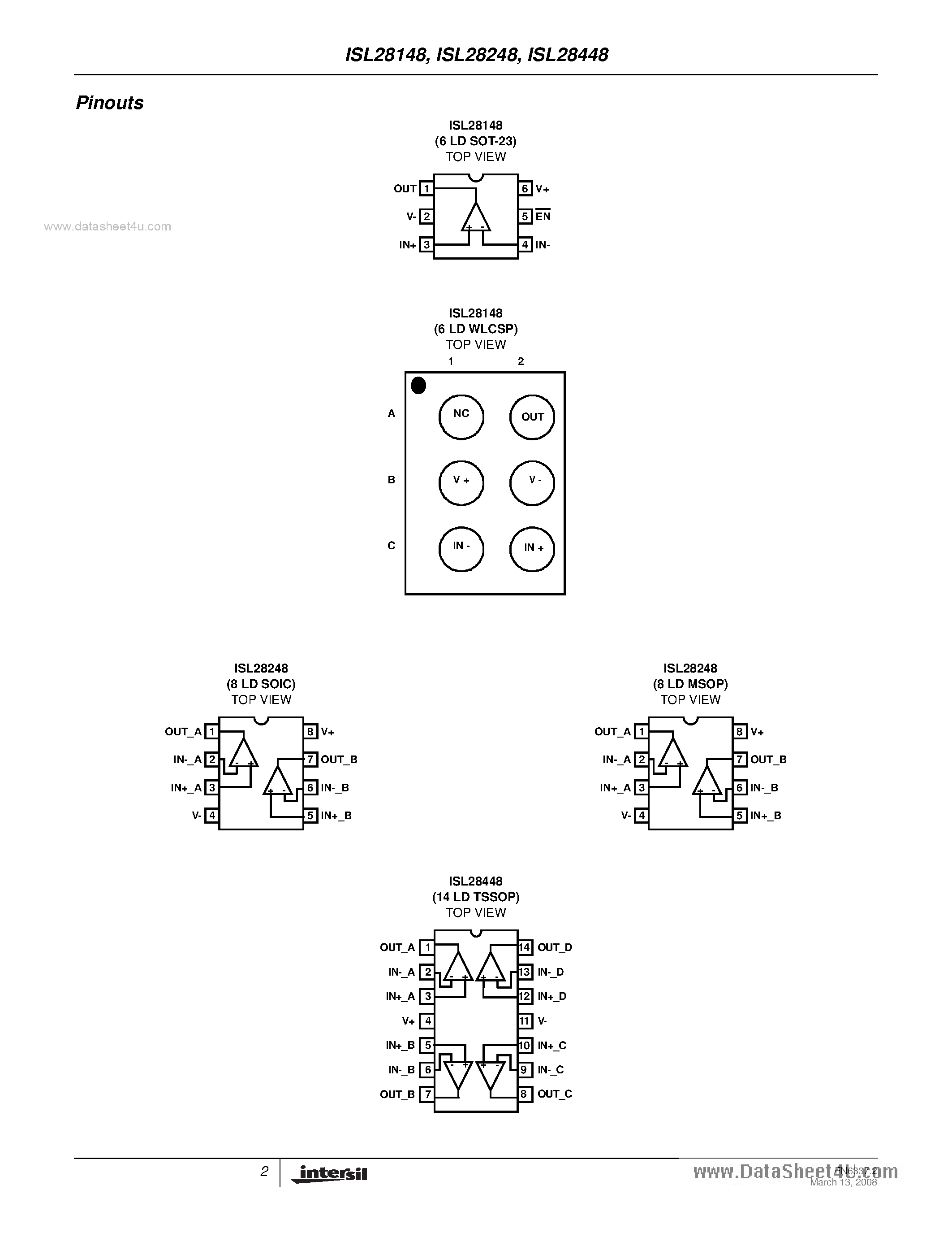 Даташит ISL28248 - (ISL28x48) Single Dual and Quad Precision Rail-to-Rail Input-Output (RRIO) Op Amps страница 2
