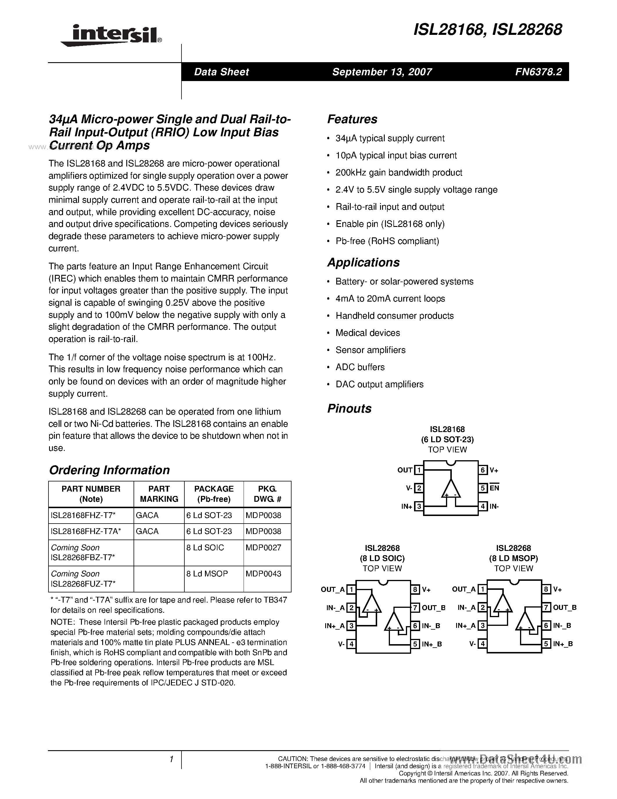 Даташит ISL28268 - (ISL28168 / ISL28268) Micro-power Single and Dual Rail-to-Rail Input-Output (RRIO) Low Input Bias Current Op Amps страница 1