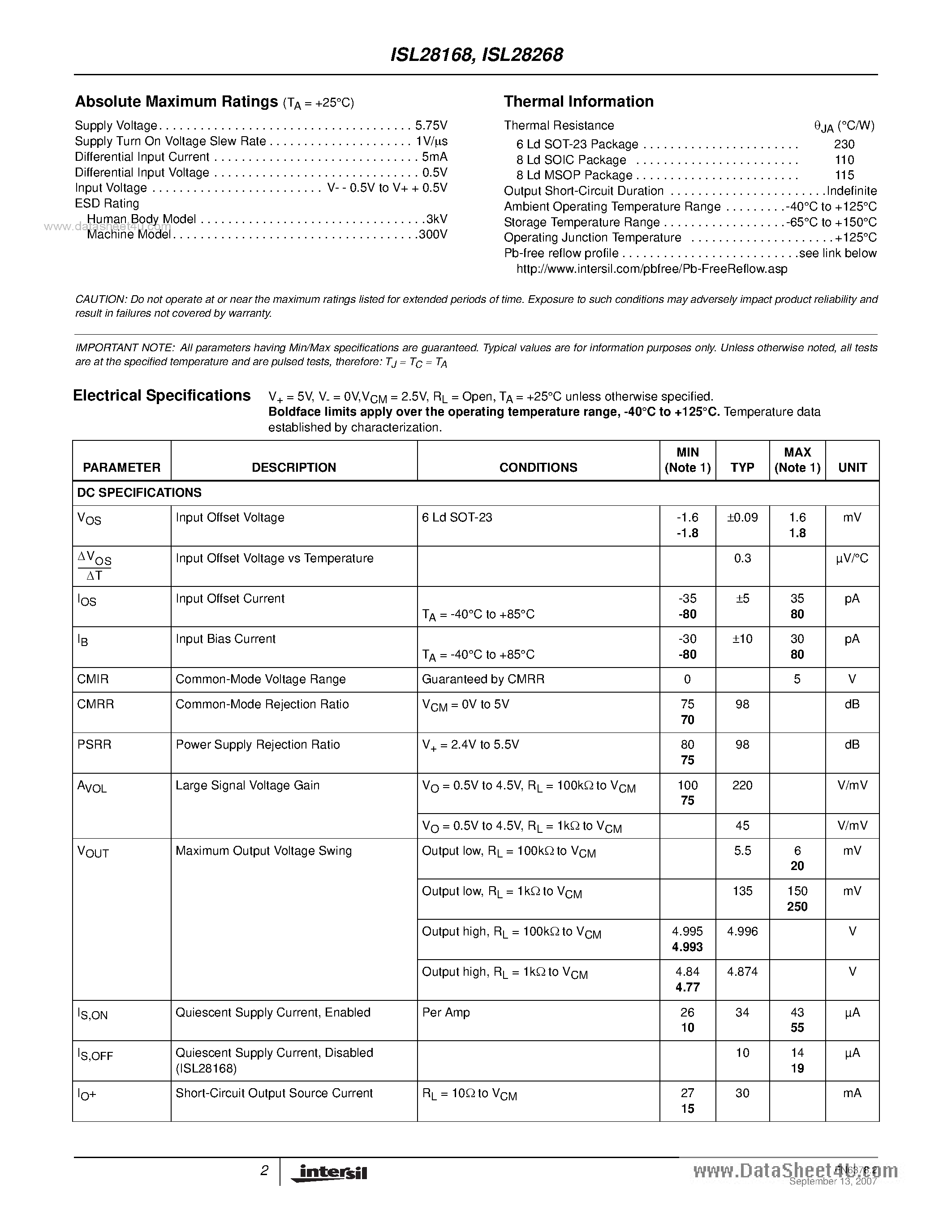 Даташит ISL28268 - (ISL28168 / ISL28268) Micro-power Single and Dual Rail-to-Rail Input-Output (RRIO) Low Input Bias Current Op Amps страница 2