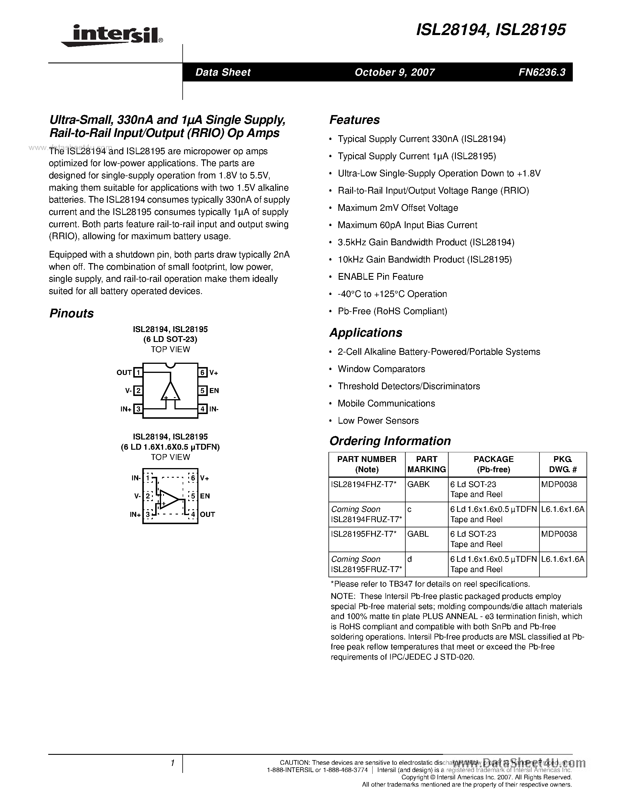 Даташит ISL28194-(ISL28194 / ISL28195) Rail-to-Rail Input/Output (RRIO) Op Amps страница 1