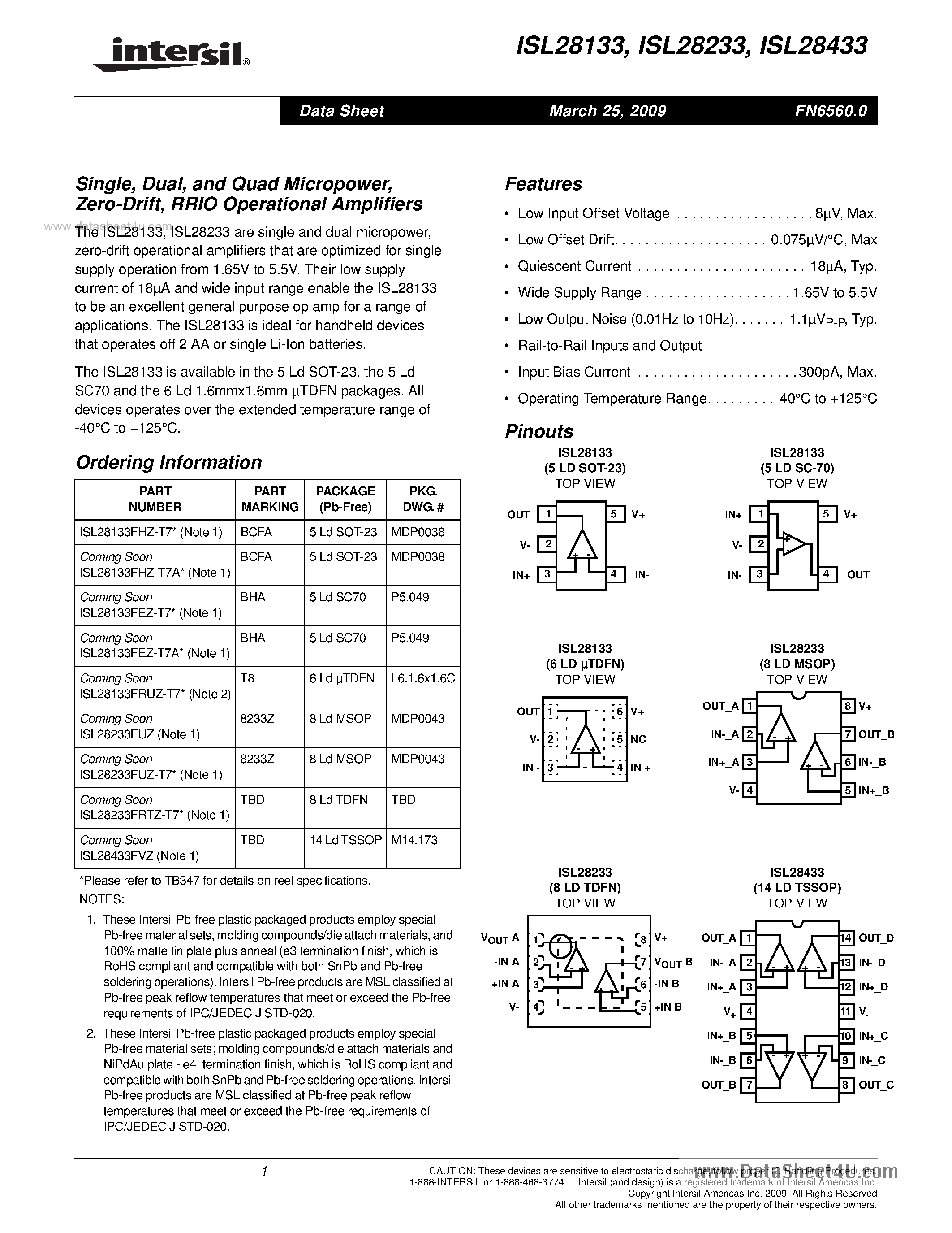 Даташит ISL28233 - (ISL28x33) RRIO Operational Amplifiers страница 1