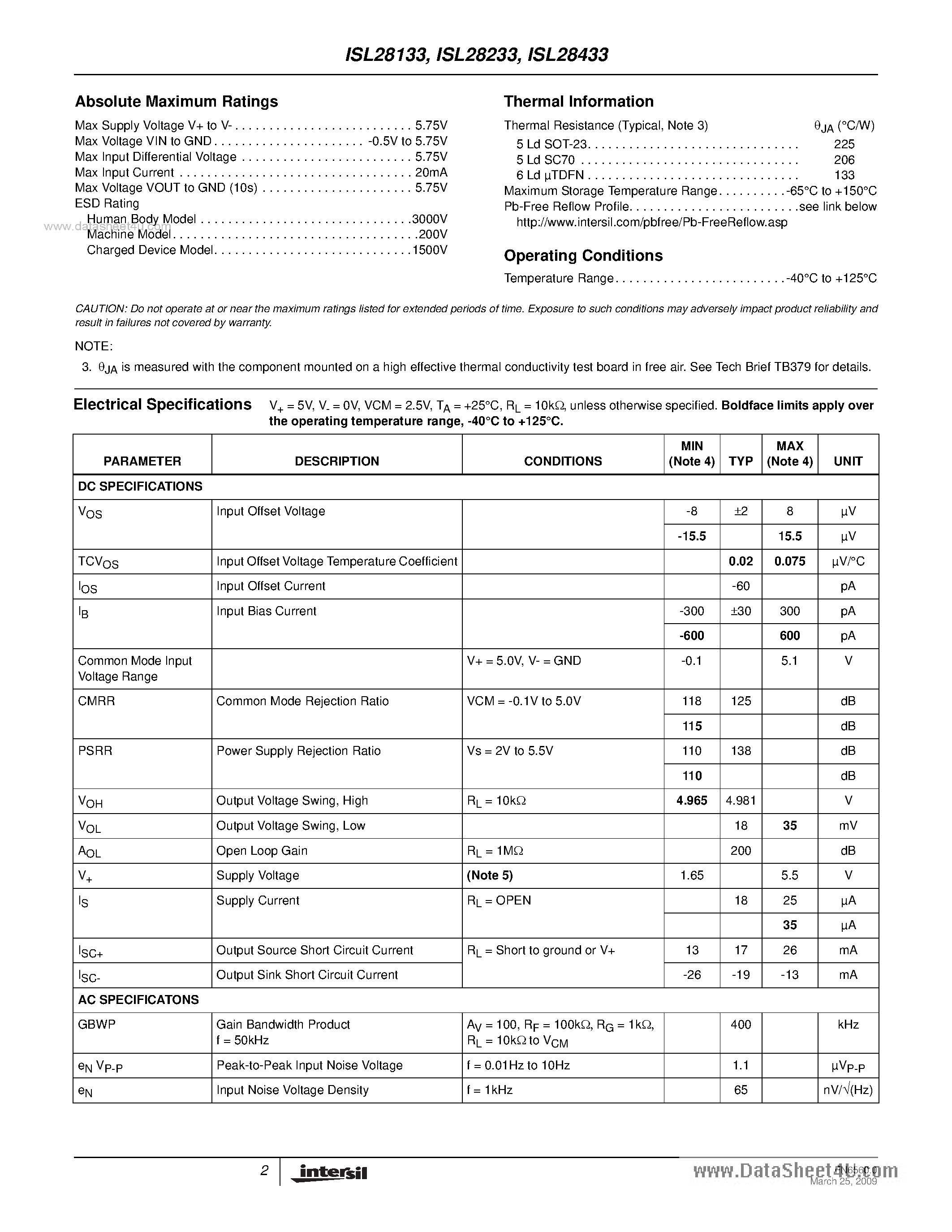 Даташит ISL28233 - (ISL28x33) RRIO Operational Amplifiers страница 2