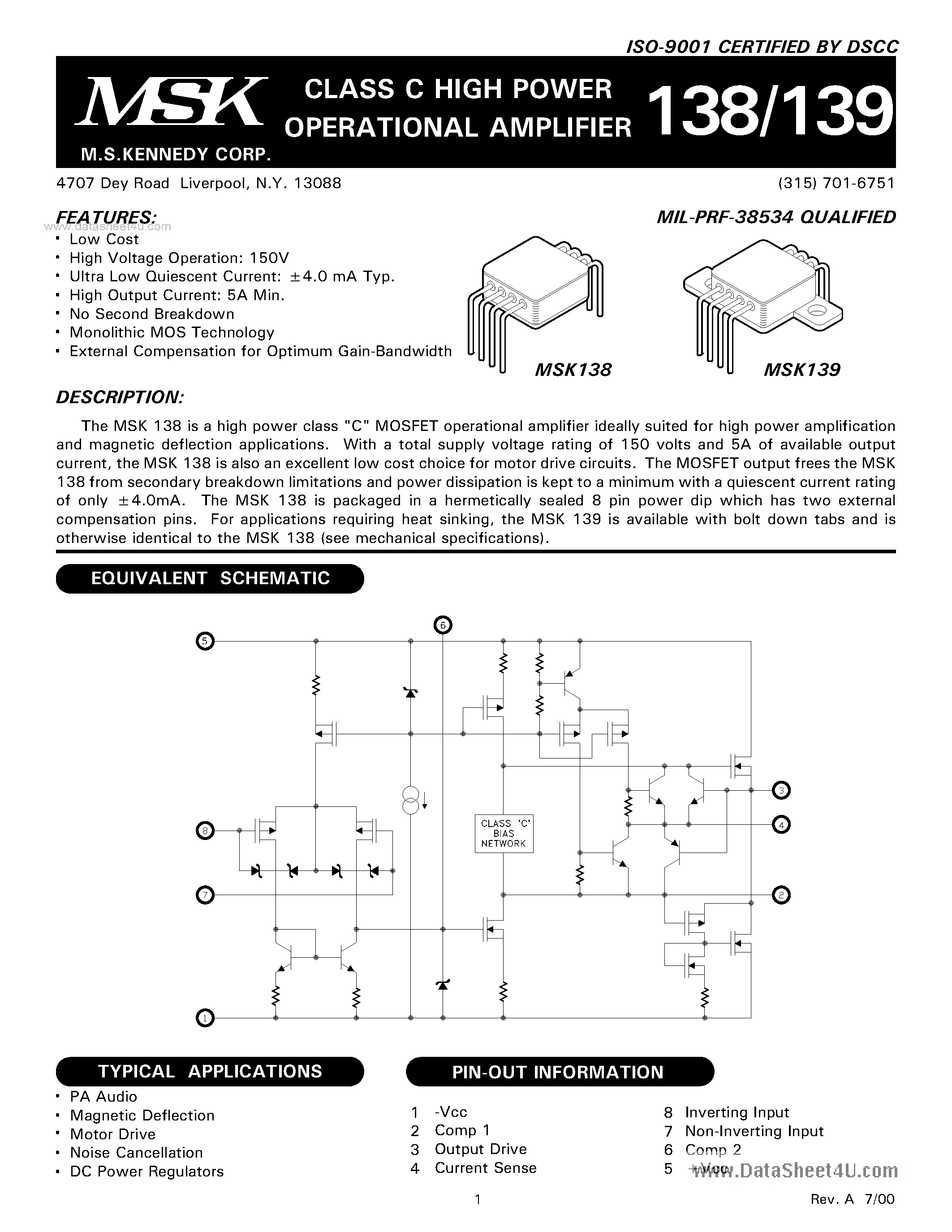 Datasheet MSK138 page 1 Datasheet MSK138 - (MSK138 / MSK139) Class C High Power op Amp page 1