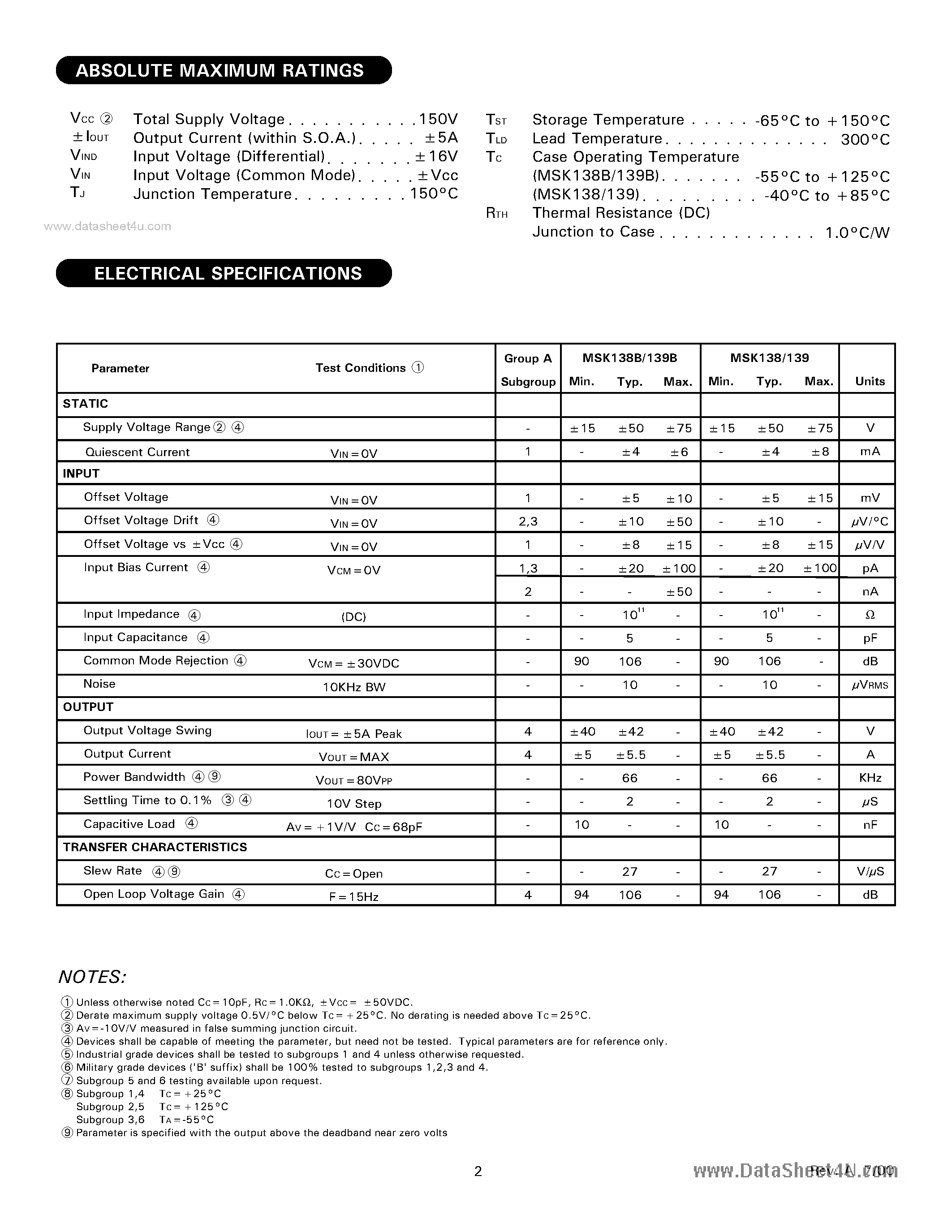 Datasheet MSK138 page 2 Datasheet MSK138 - (MSK138 / MSK139) Class C High Power op Amp page 2