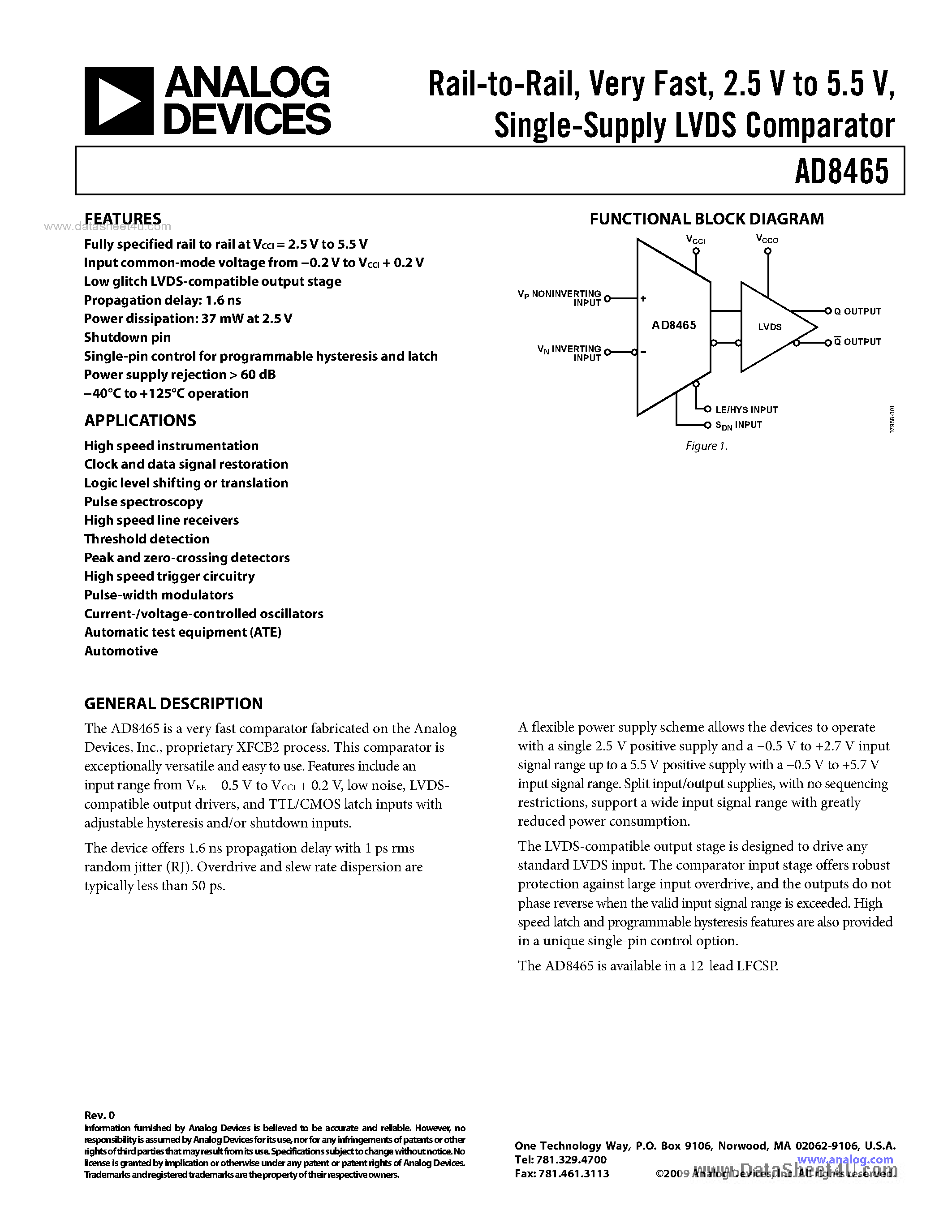 Datasheet AD8465 - Single-Supply LVDS Comparator page 1