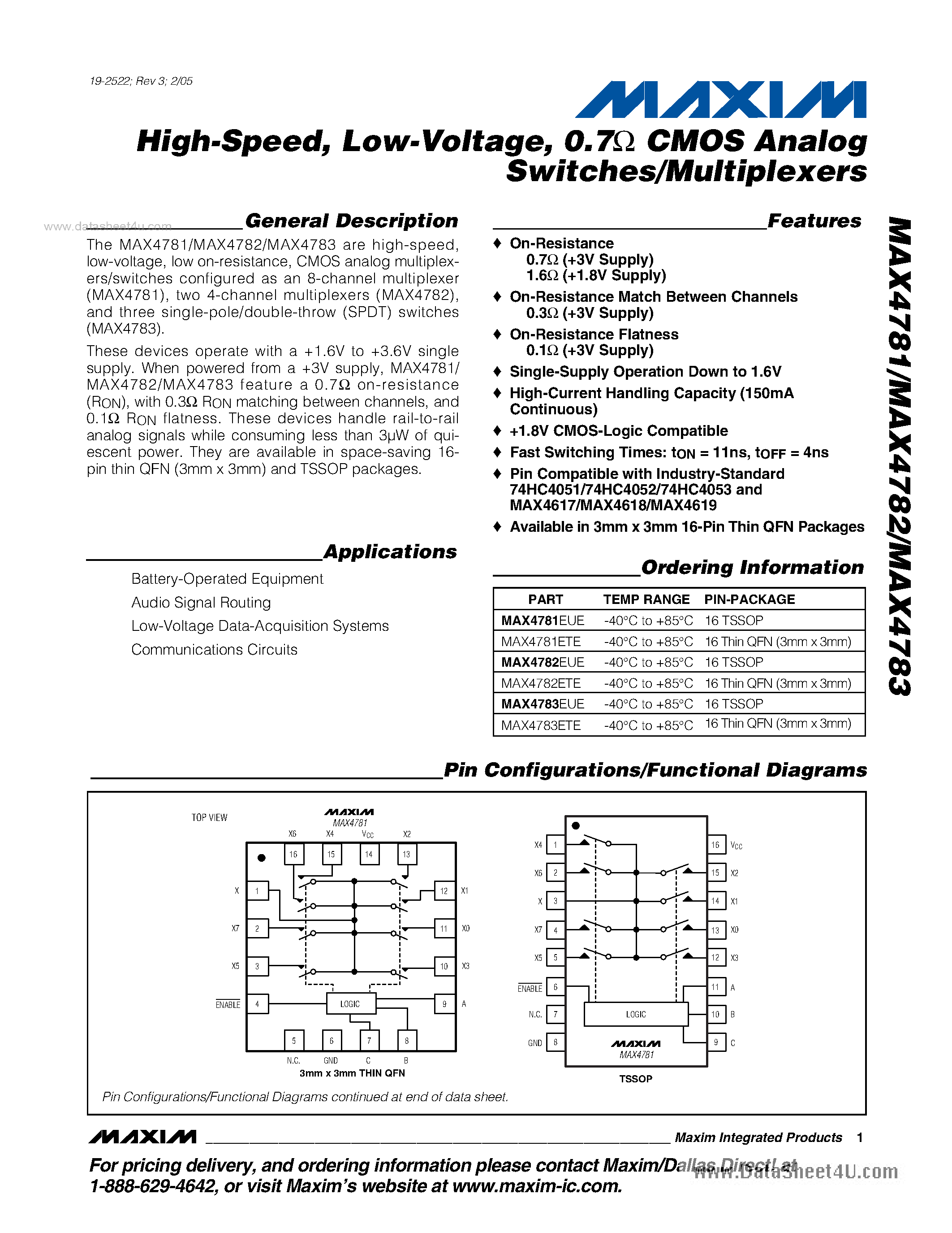 Даташит на микросхему MAX4781 страница 1 Даташит MAX4781 - (MAX4781 - MAX4783) CMOS Analog Switches/Multiplexers страница 1