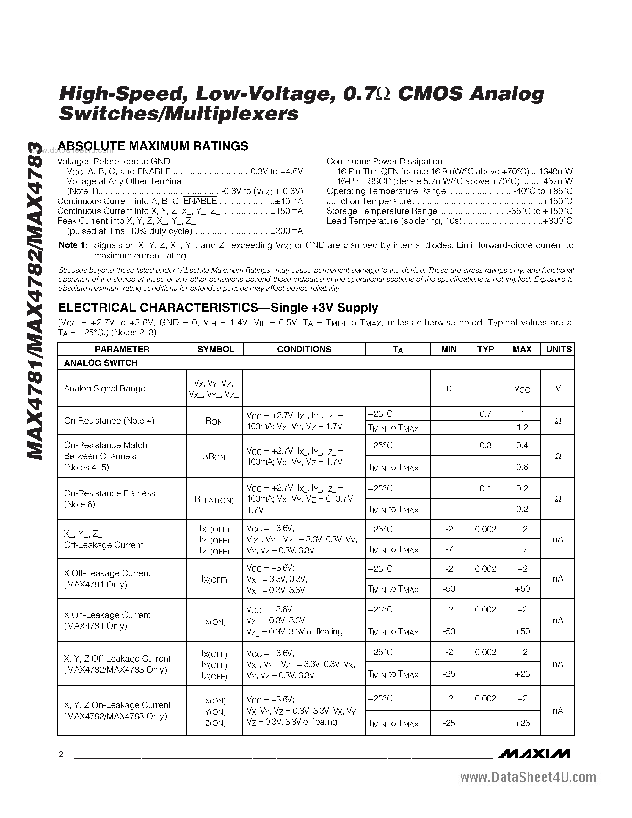 Даташит на микросхему MAX4781 страница 2 Даташит MAX4781 - (MAX4781 - MAX4783) CMOS Analog Switches/Multiplexers страница 2