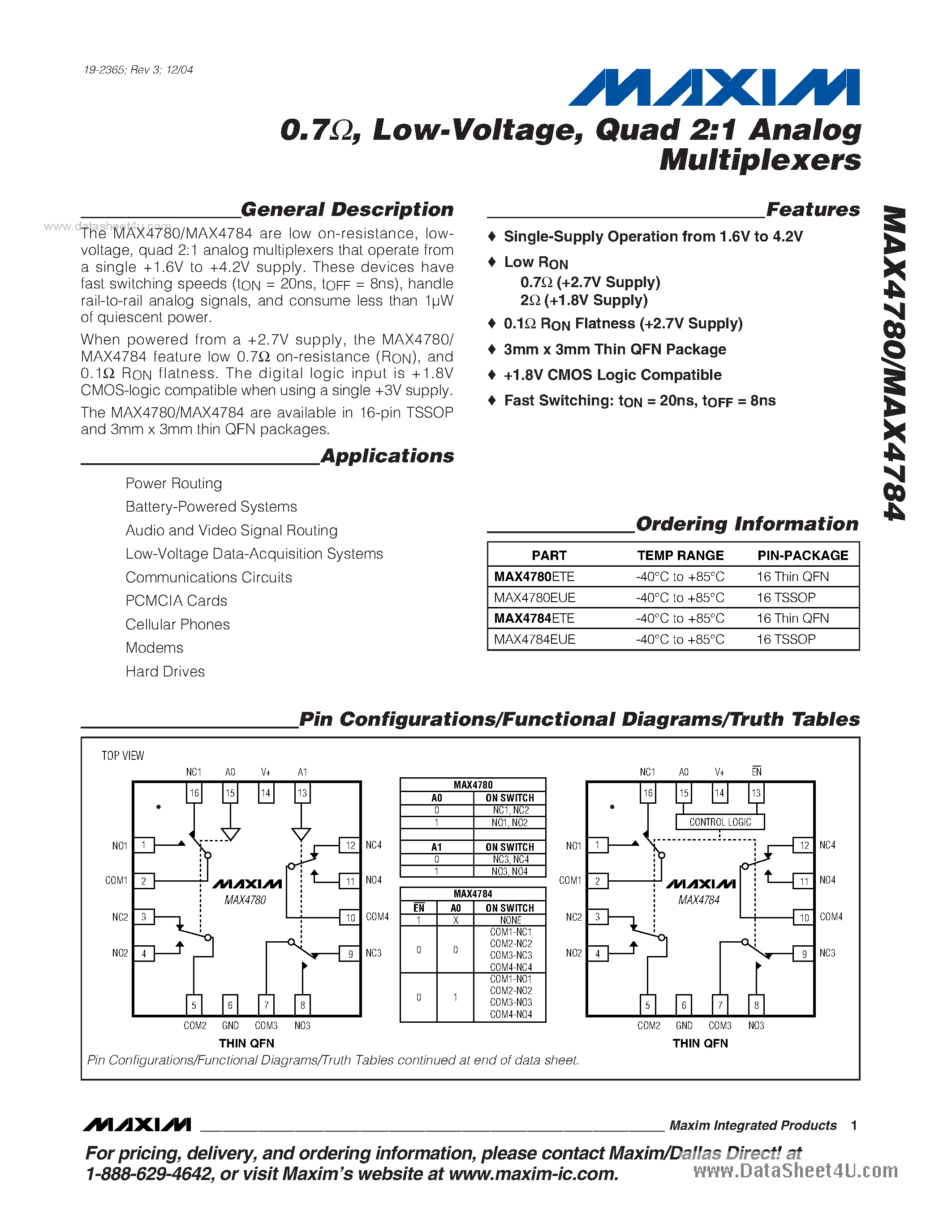 Datasheet MAX4780 - (MAX4780 / MAX4784) Quad 2:1 Analog Multiplexers page 1