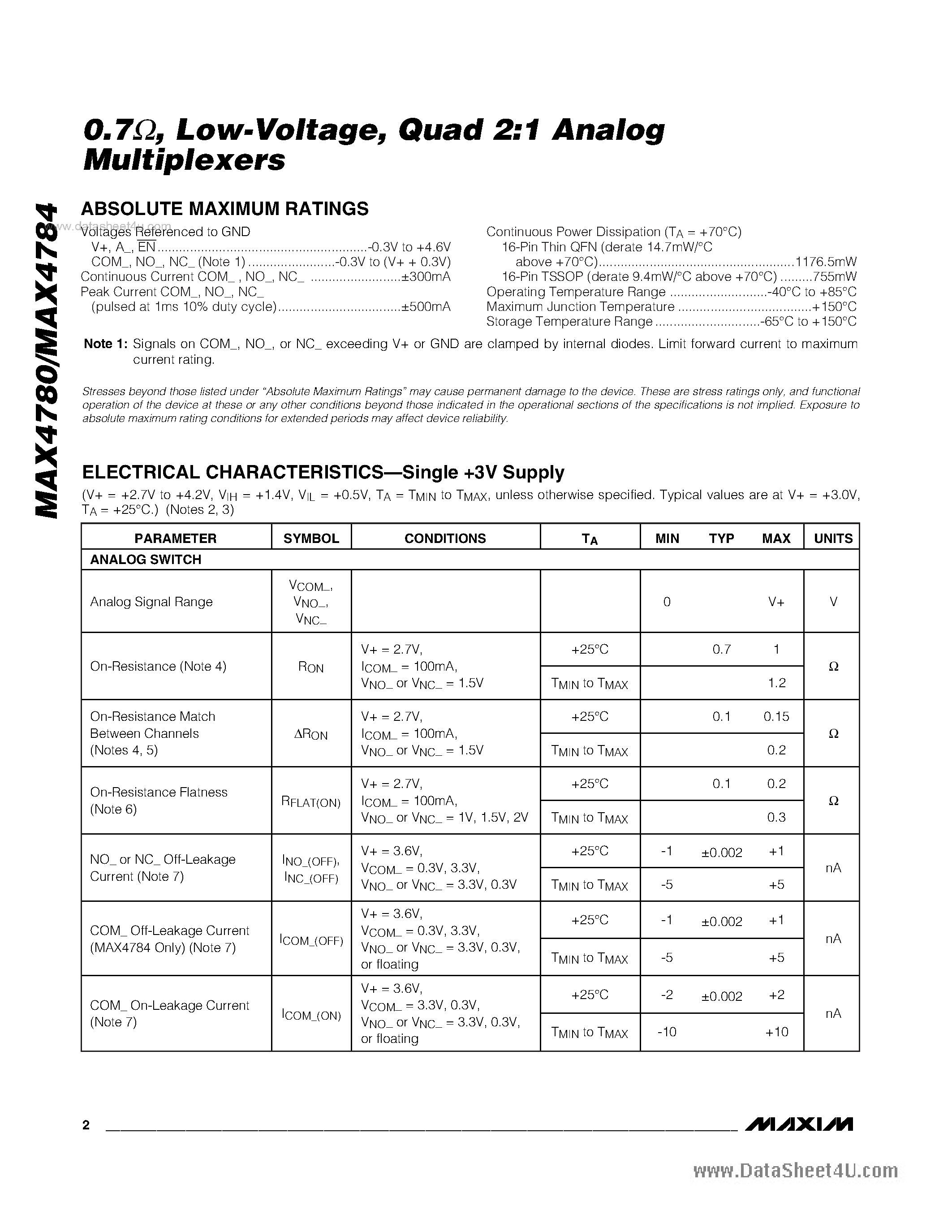 Datasheet MAX4780 - (MAX4780 / MAX4784) Quad 2:1 Analog Multiplexers page 2