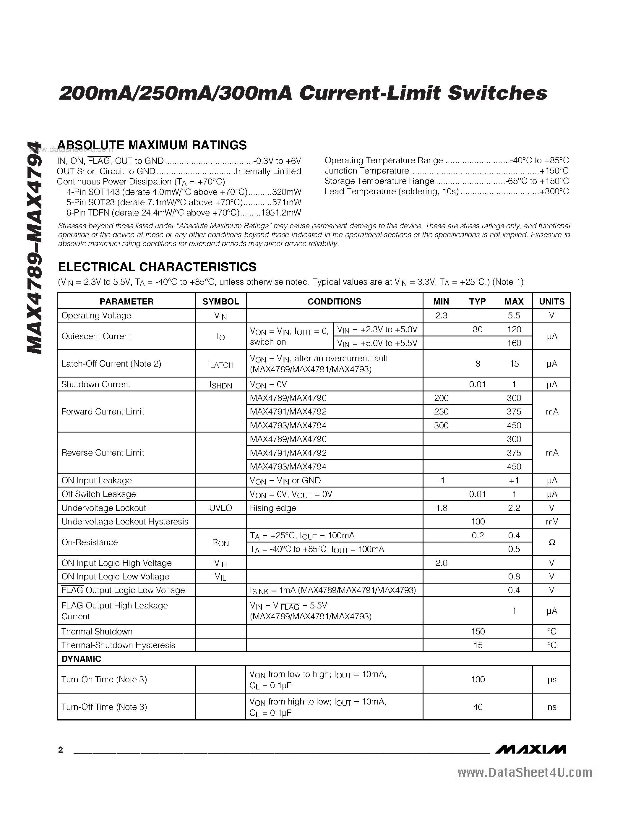 Даташит на микросхему MAX4789 страница 2 Даташит MAX4789 - (MAX4789 - MAX4794) 200mA/250mA/300mA Current-Limit Switches страница 2