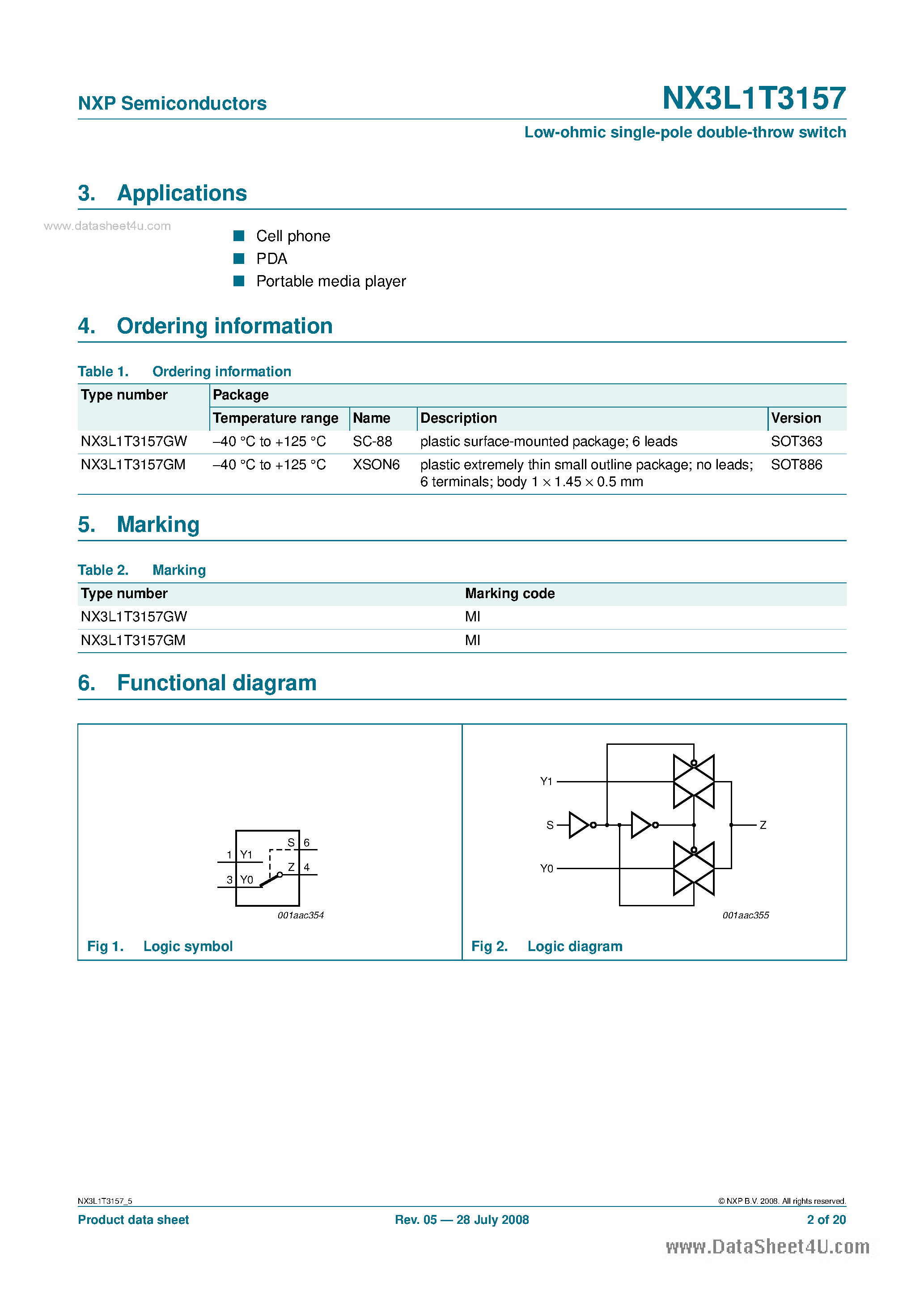 Datasheet NX3L1T3157 - Low-ohmic single-pole double-throw switch page 2