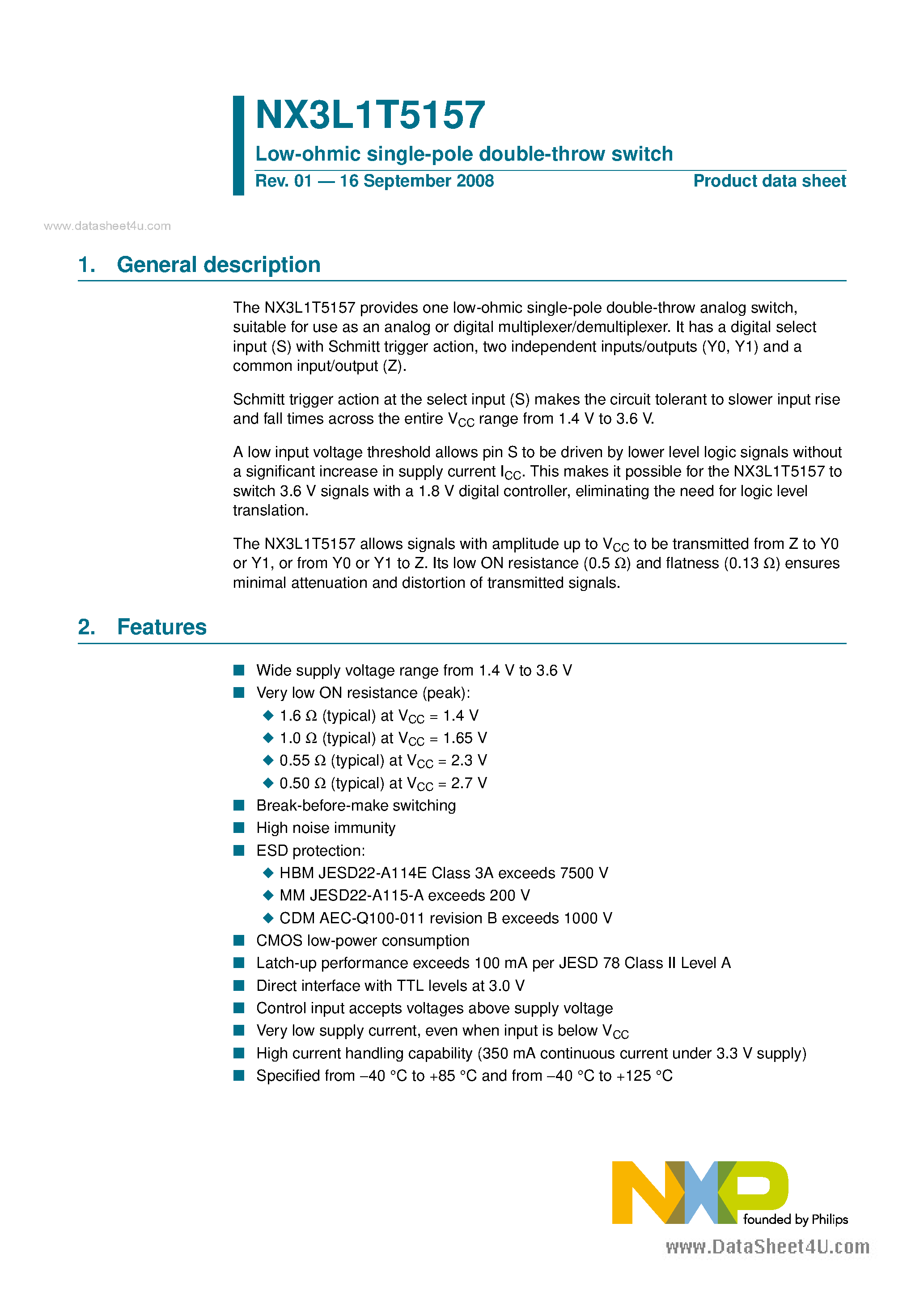 Datasheet NX3L1T5157 - Low-ohmic single-pole double-throw switch page 1