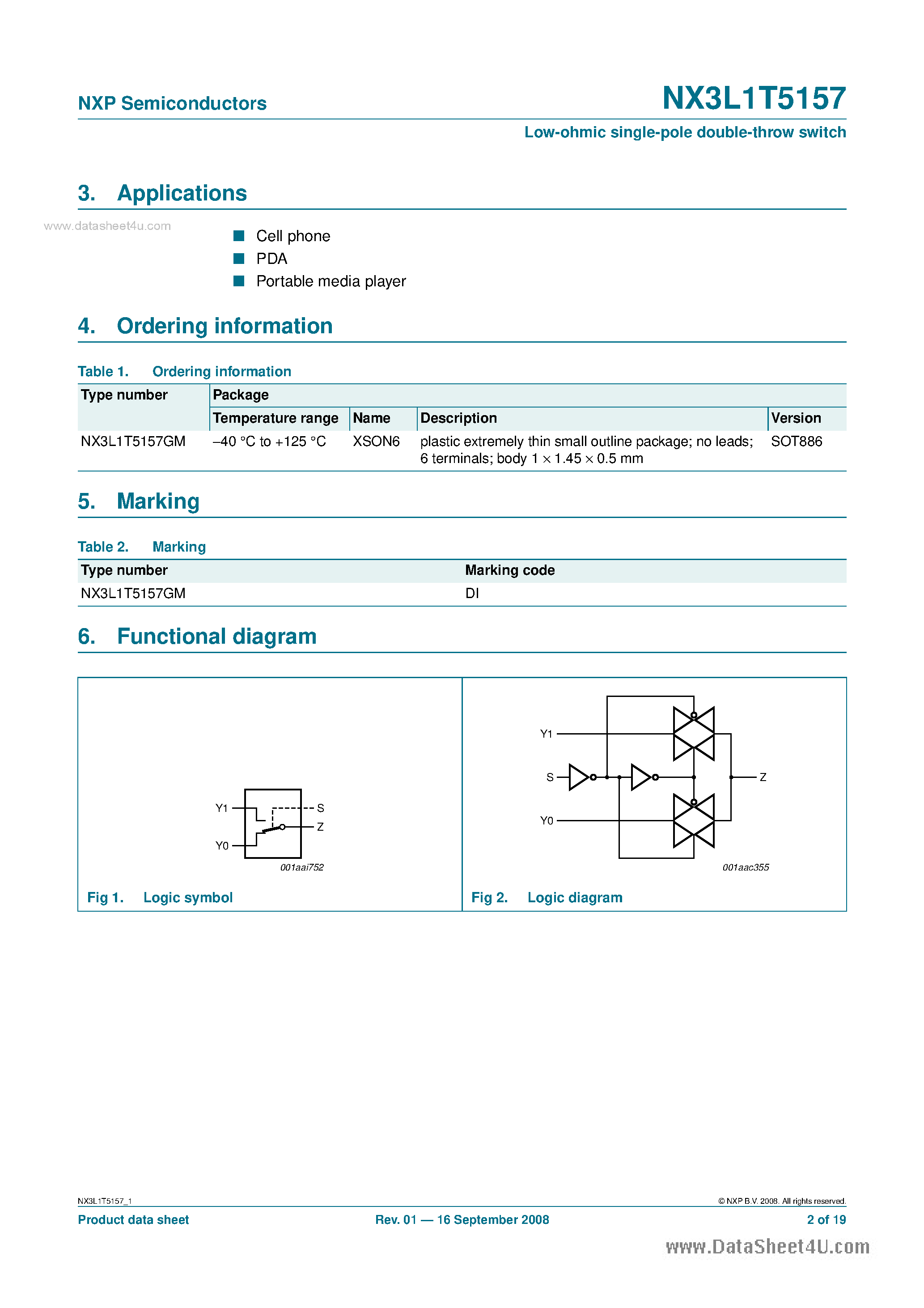 Datasheet NX3L1T5157 - Low-ohmic single-pole double-throw switch page 2