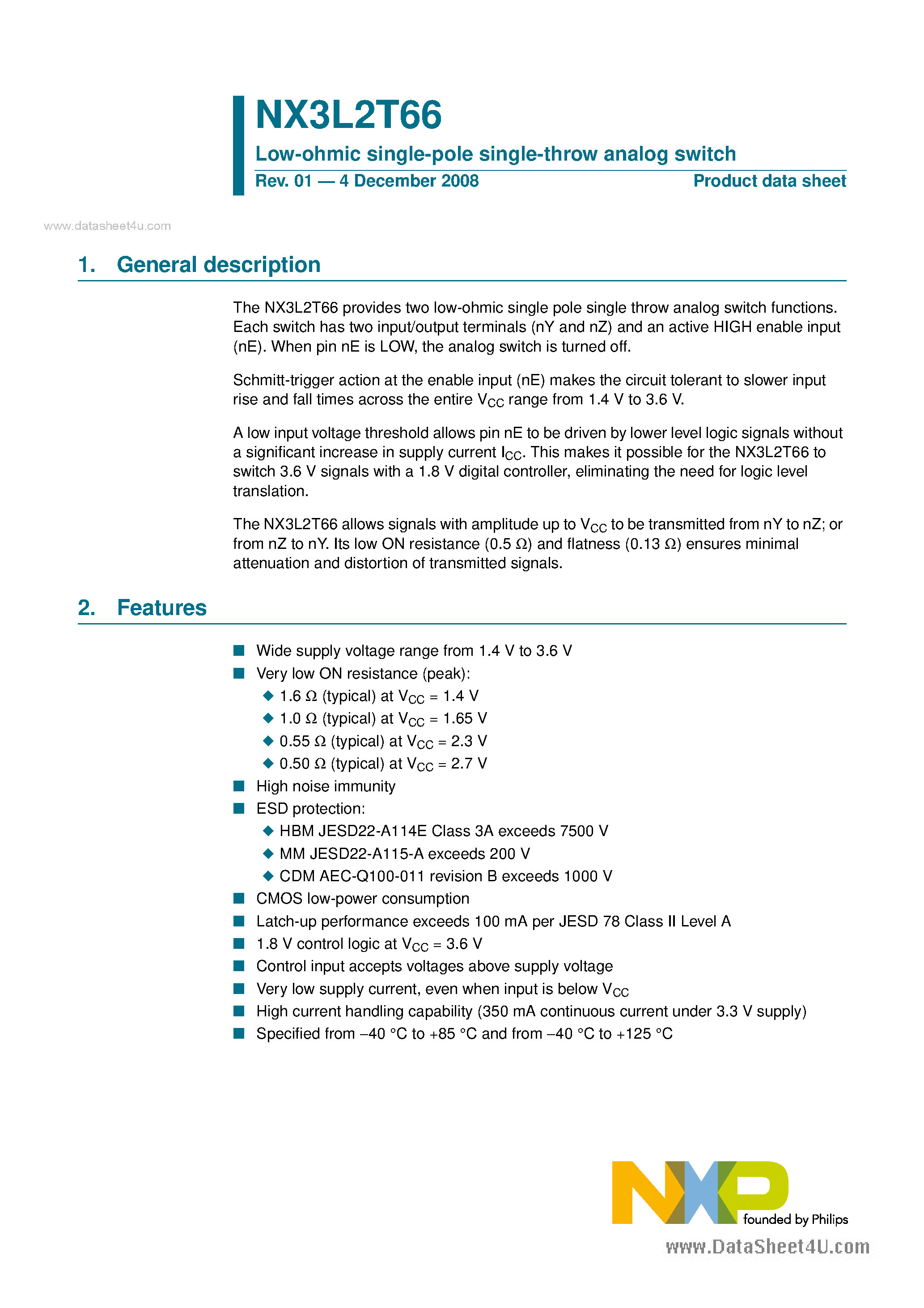 Datasheet NX3L2T66 page 1 Datasheet NX3L2T66 - Low-ohmic single-pole single-throw analog switch page 1