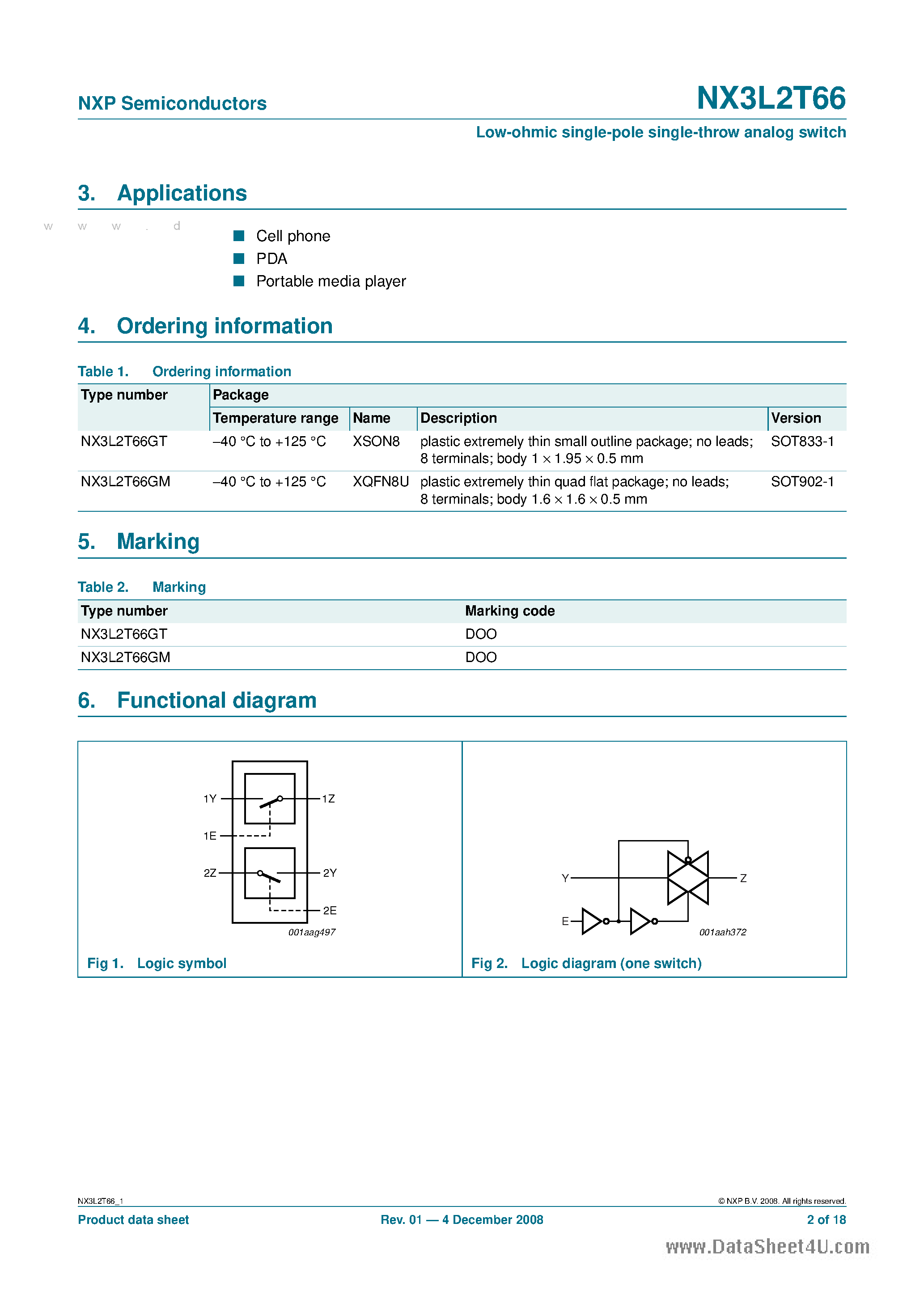 Datasheet NX3L2T66 page 2 Datasheet NX3L2T66 - Low-ohmic single-pole single-throw analog switch page 2