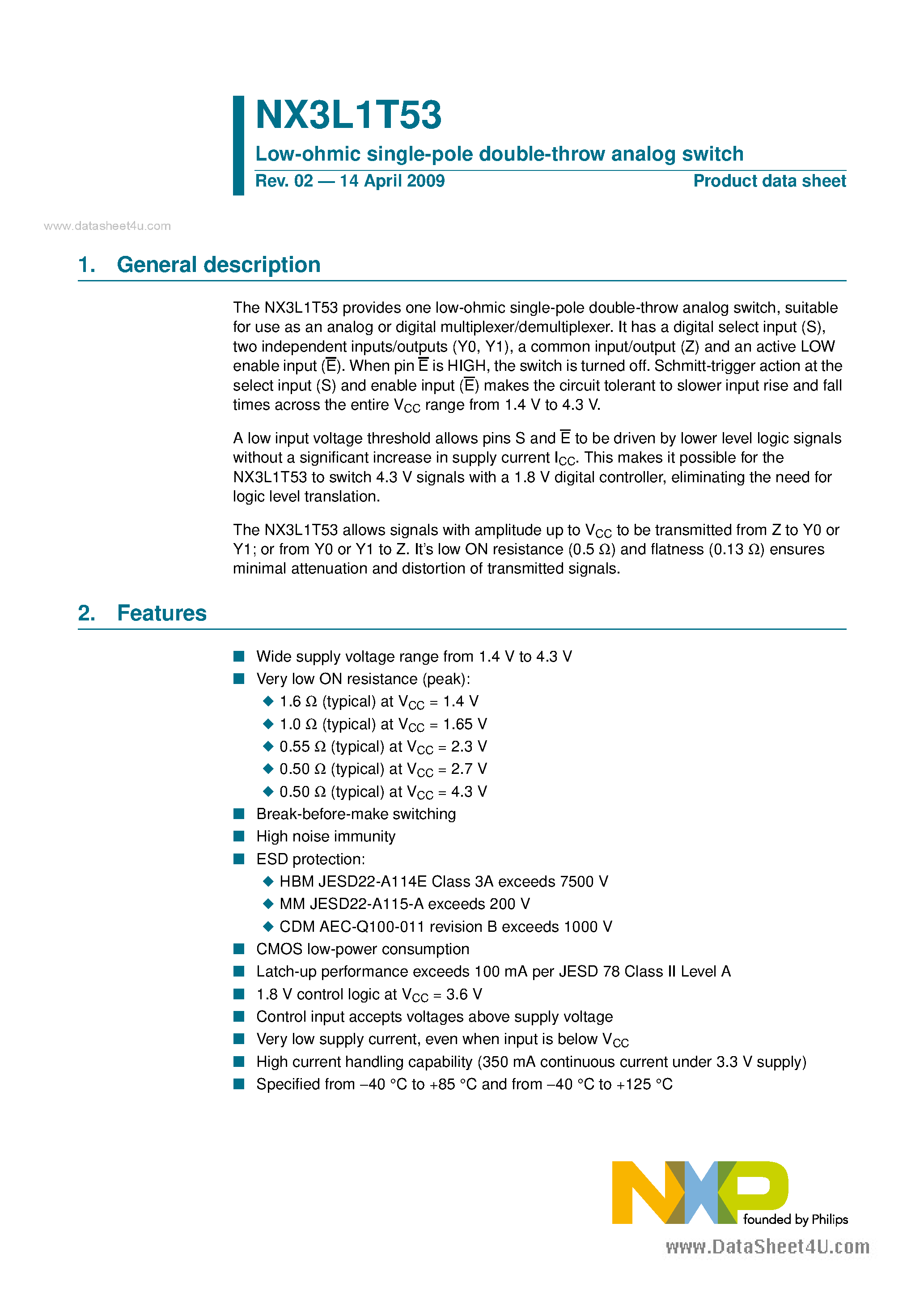 Datasheet NX3L1T53 - Low-ohmic Single-pole Double-throw Analog Switch page 1