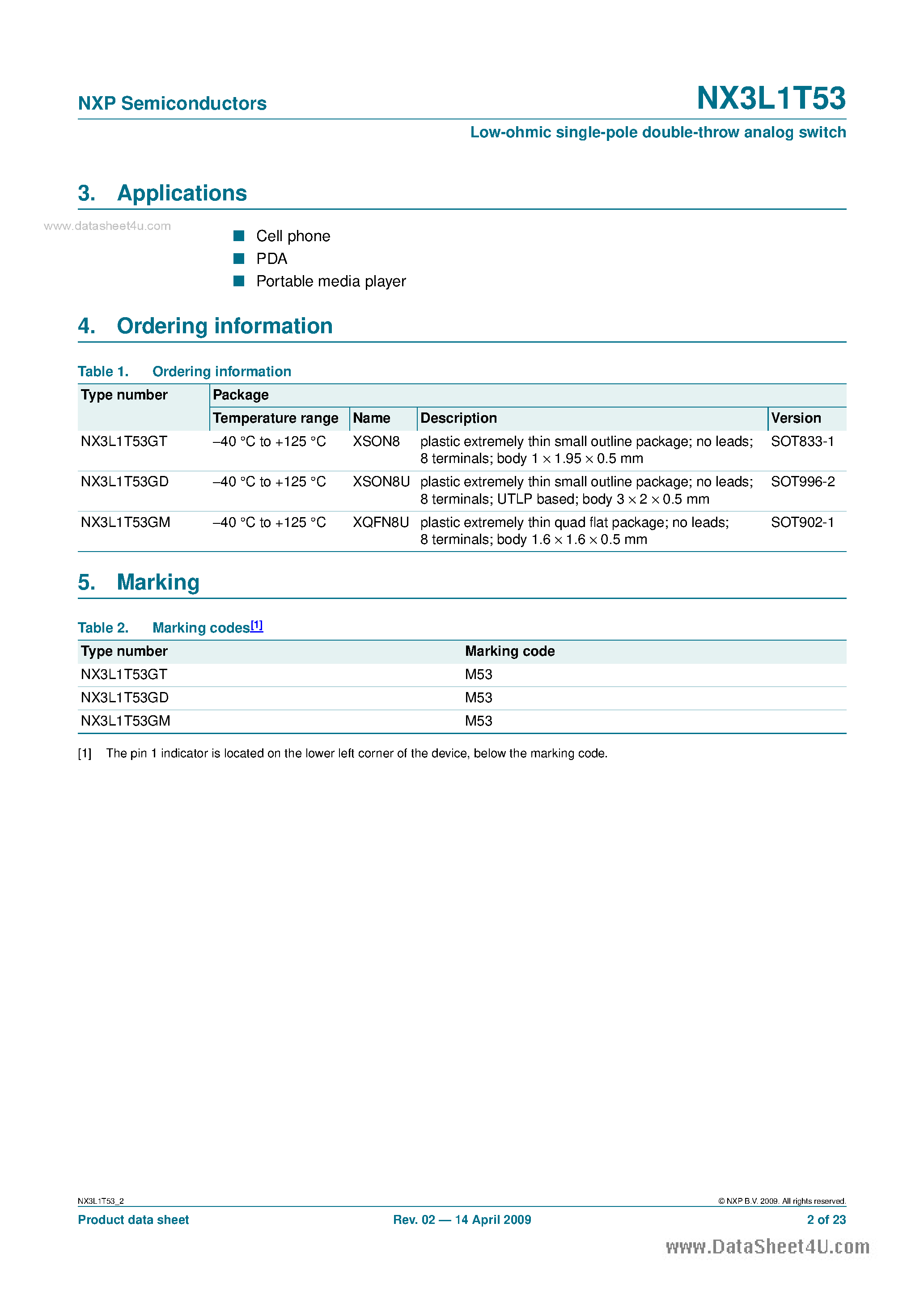 Datasheet NX3L1T53 - Low-ohmic Single-pole Double-throw Analog Switch page 2