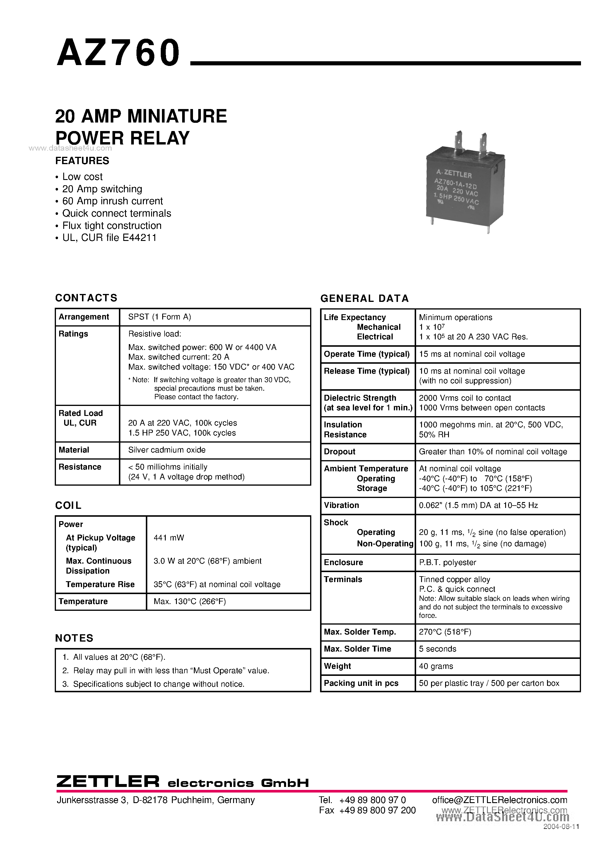 Даташит AZ760 - 20 AMP MINIATURE POWER RELAY страница 1