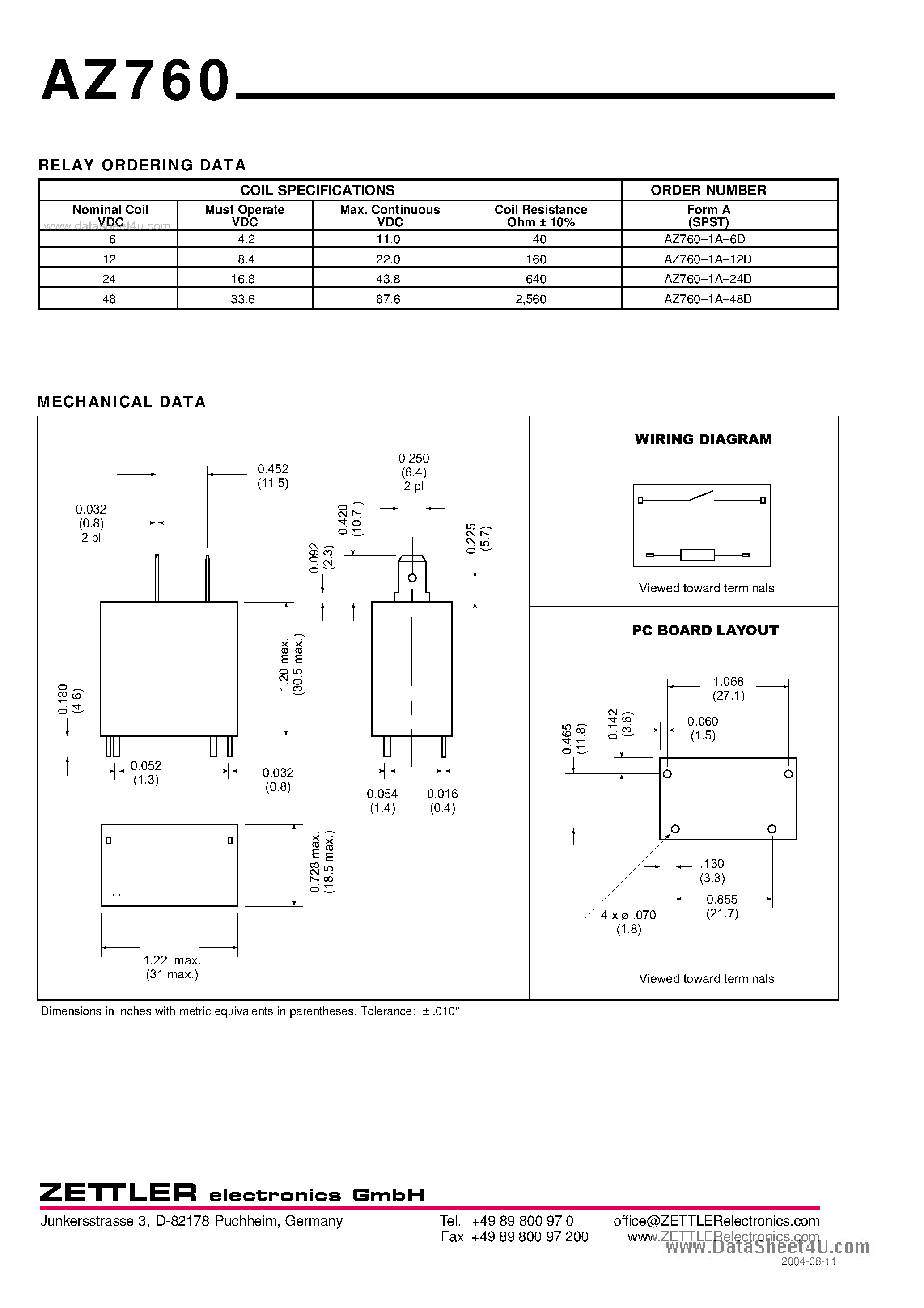 Даташит AZ760 - 20 AMP MINIATURE POWER RELAY страница 2