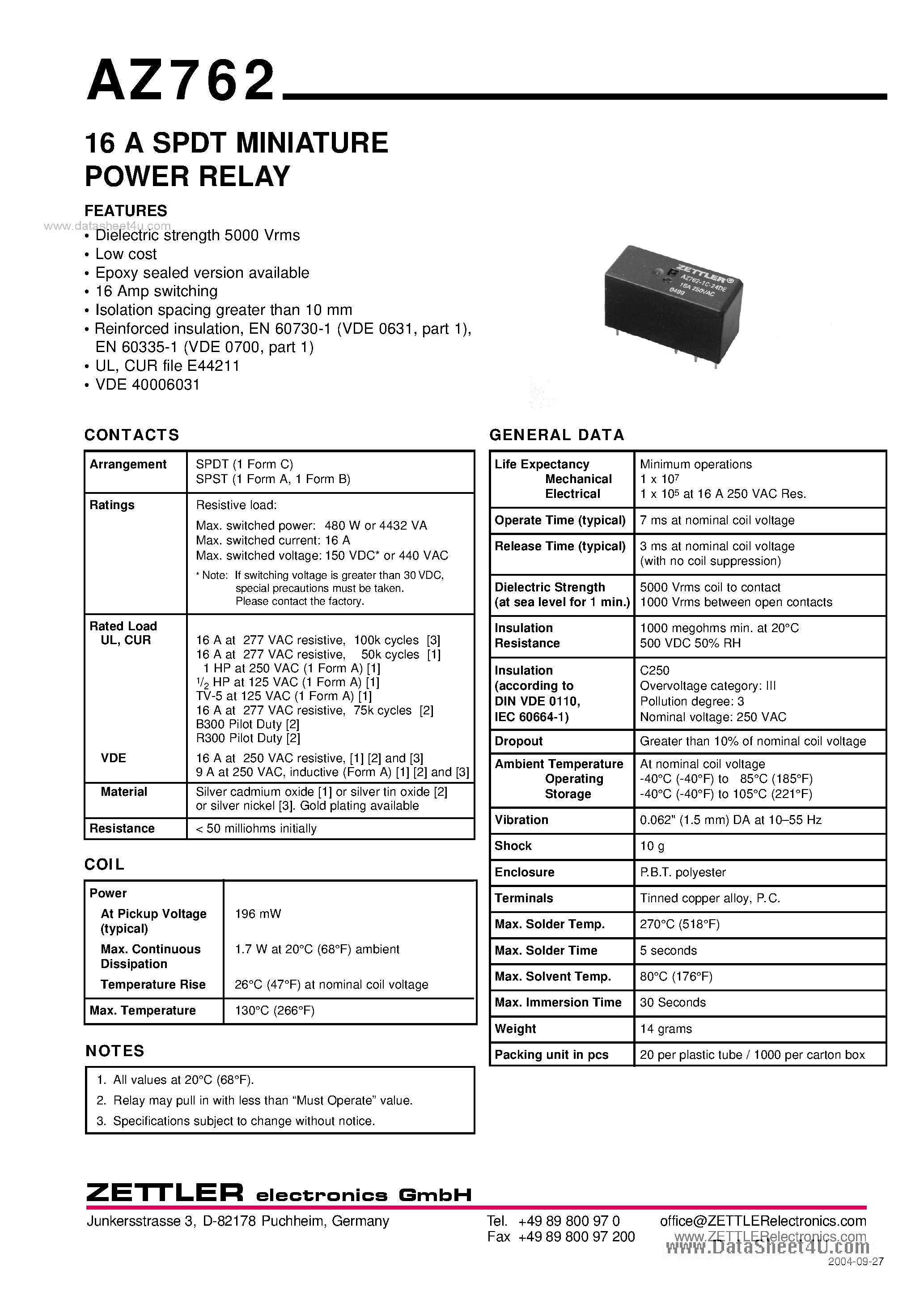 Даташит AZ762 - 16A SPDT MINIATURE POWER RELAY страница 1