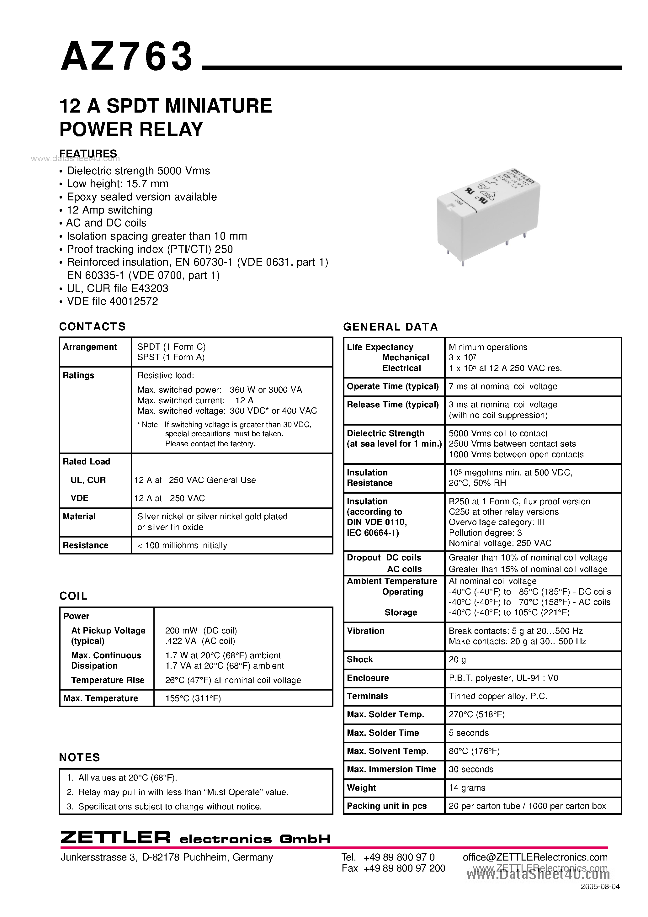 Даташит AZ763 - 12A SPDT MINIATURE POWER RELAY страница 1