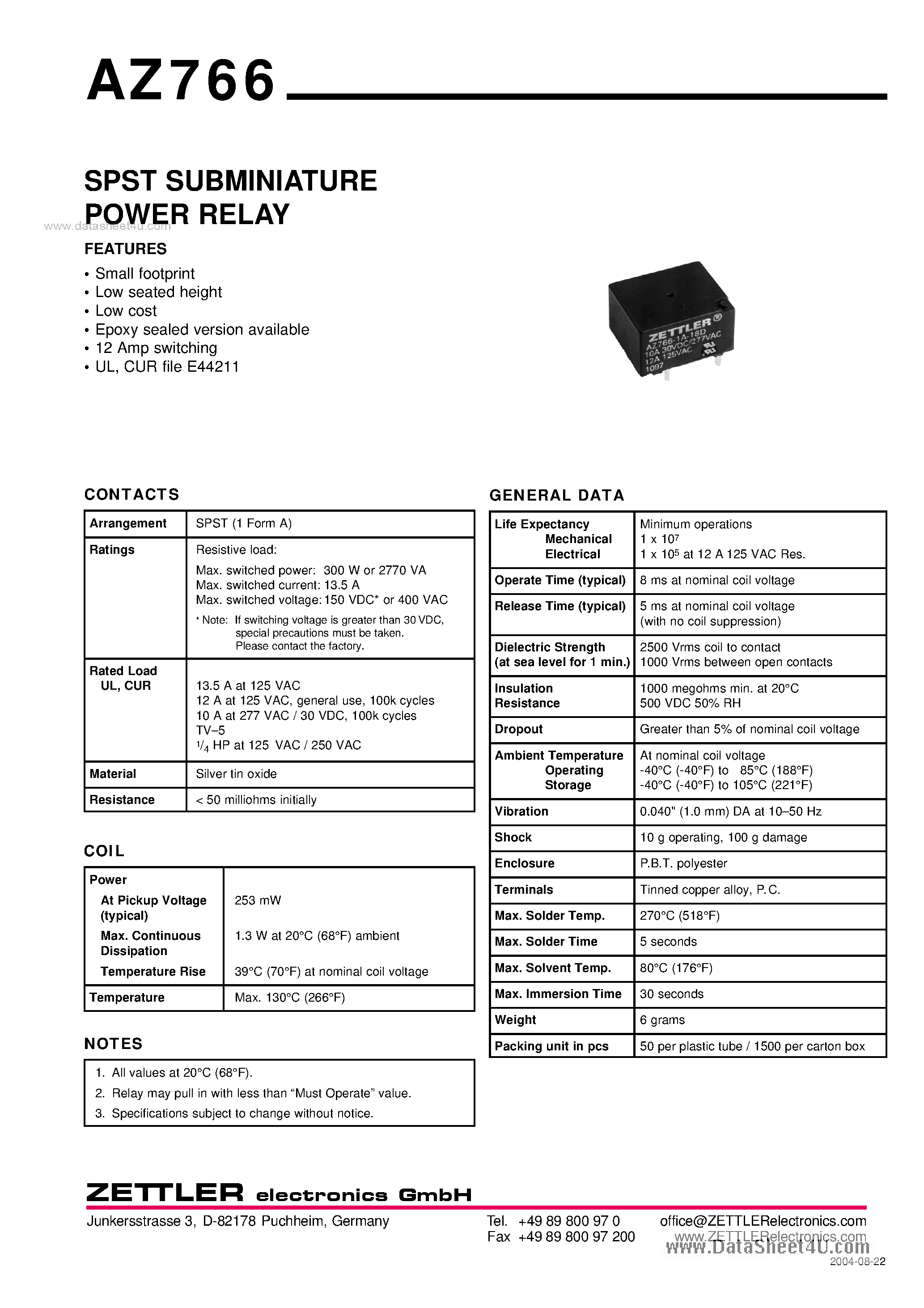 Даташит AZ766 - SPST SUBMINIATURE POWER RELAY страница 1