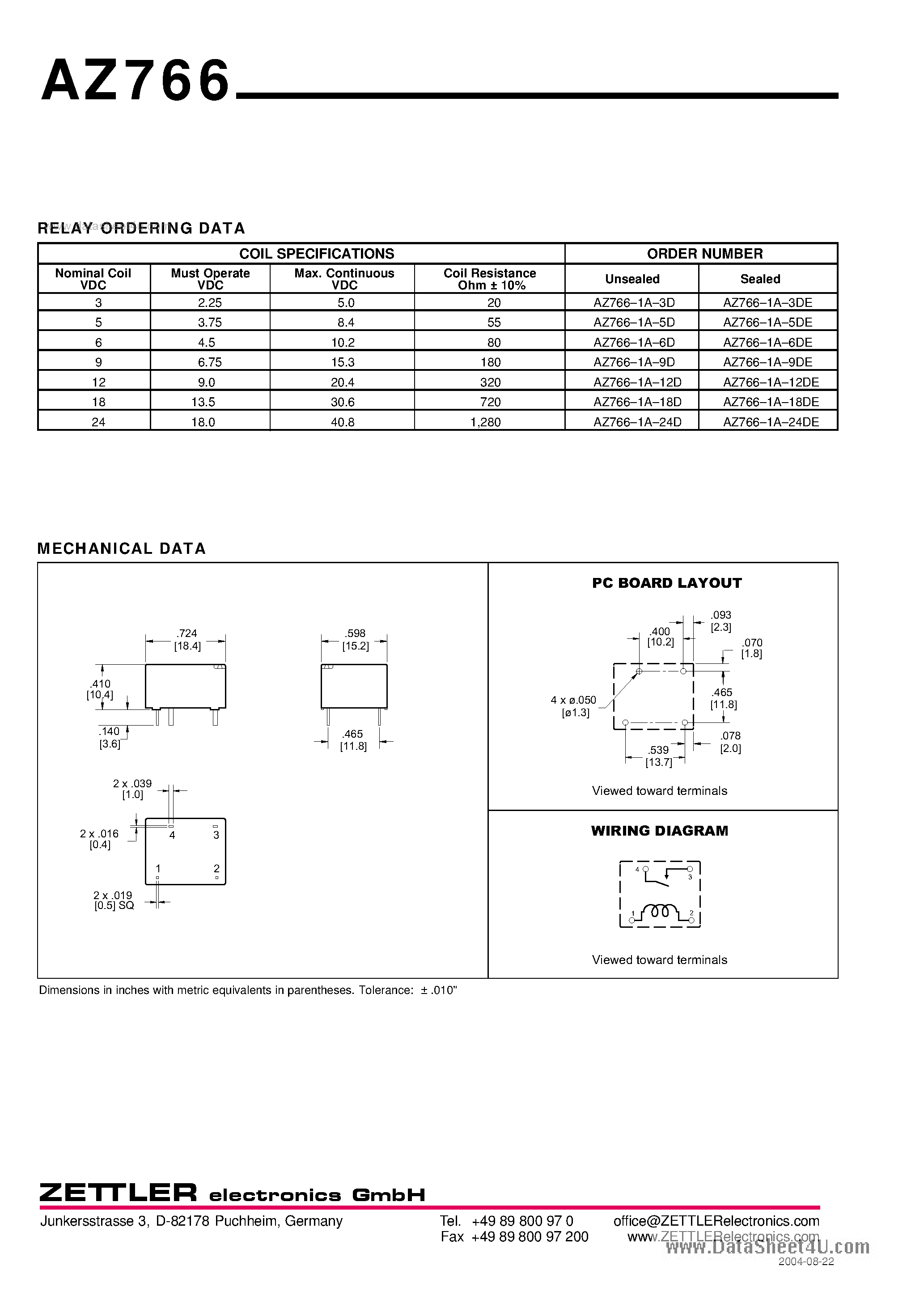 Даташит AZ766 - SPST SUBMINIATURE POWER RELAY страница 2