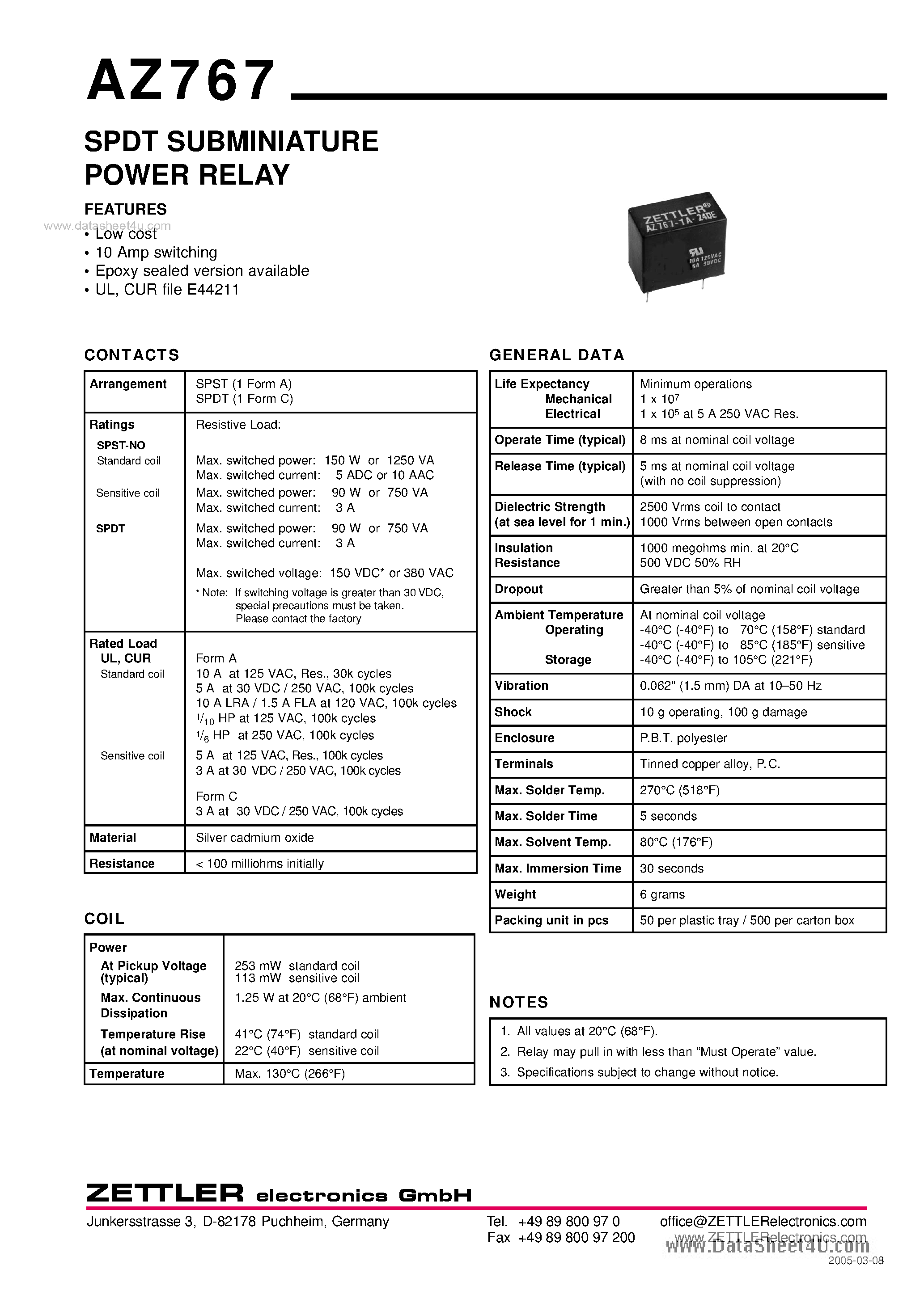 Даташит AZ767 - SPDT SUBMINIATURE POWER RELAY страница 1