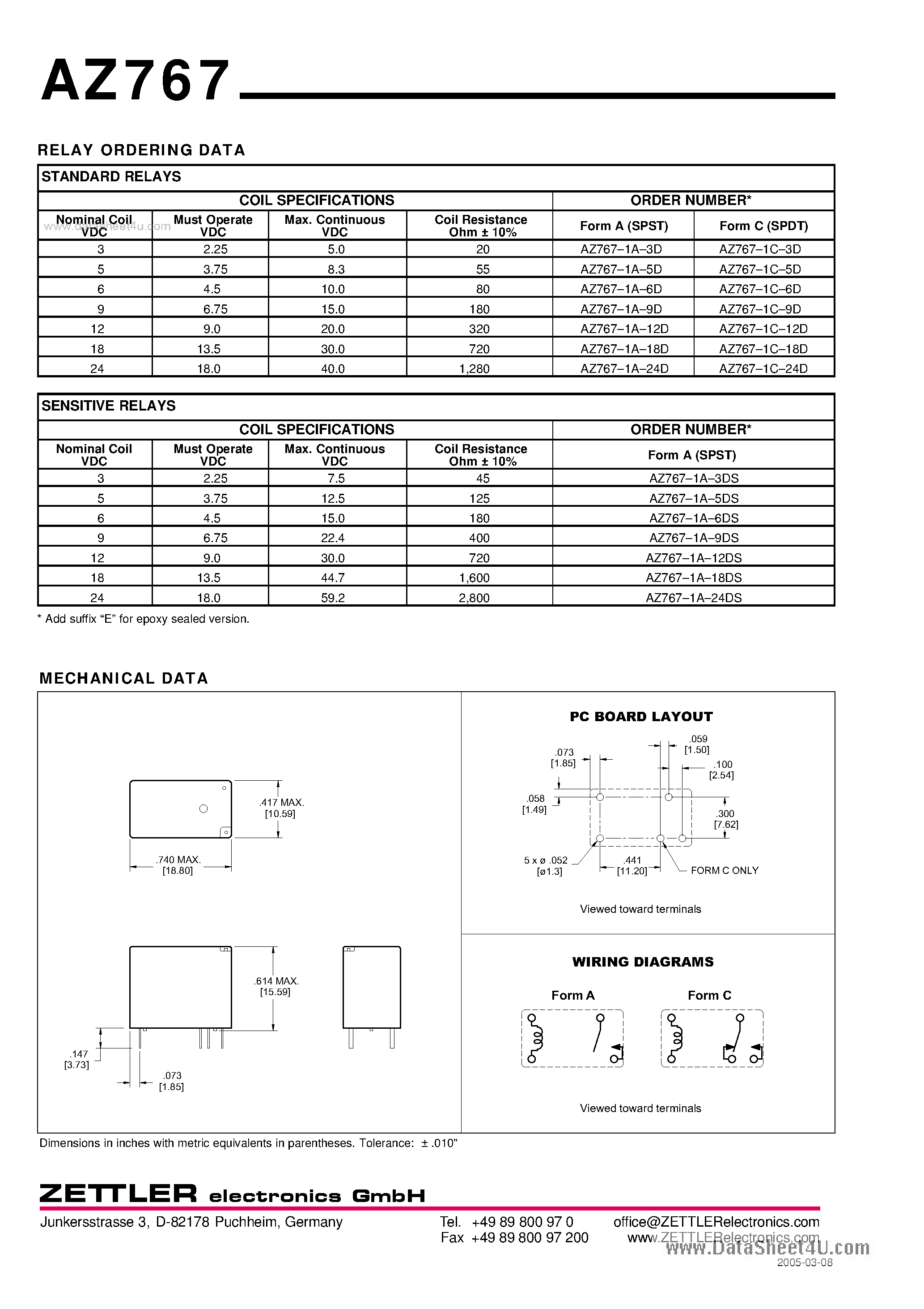 Даташит AZ767 - SPDT SUBMINIATURE POWER RELAY страница 2