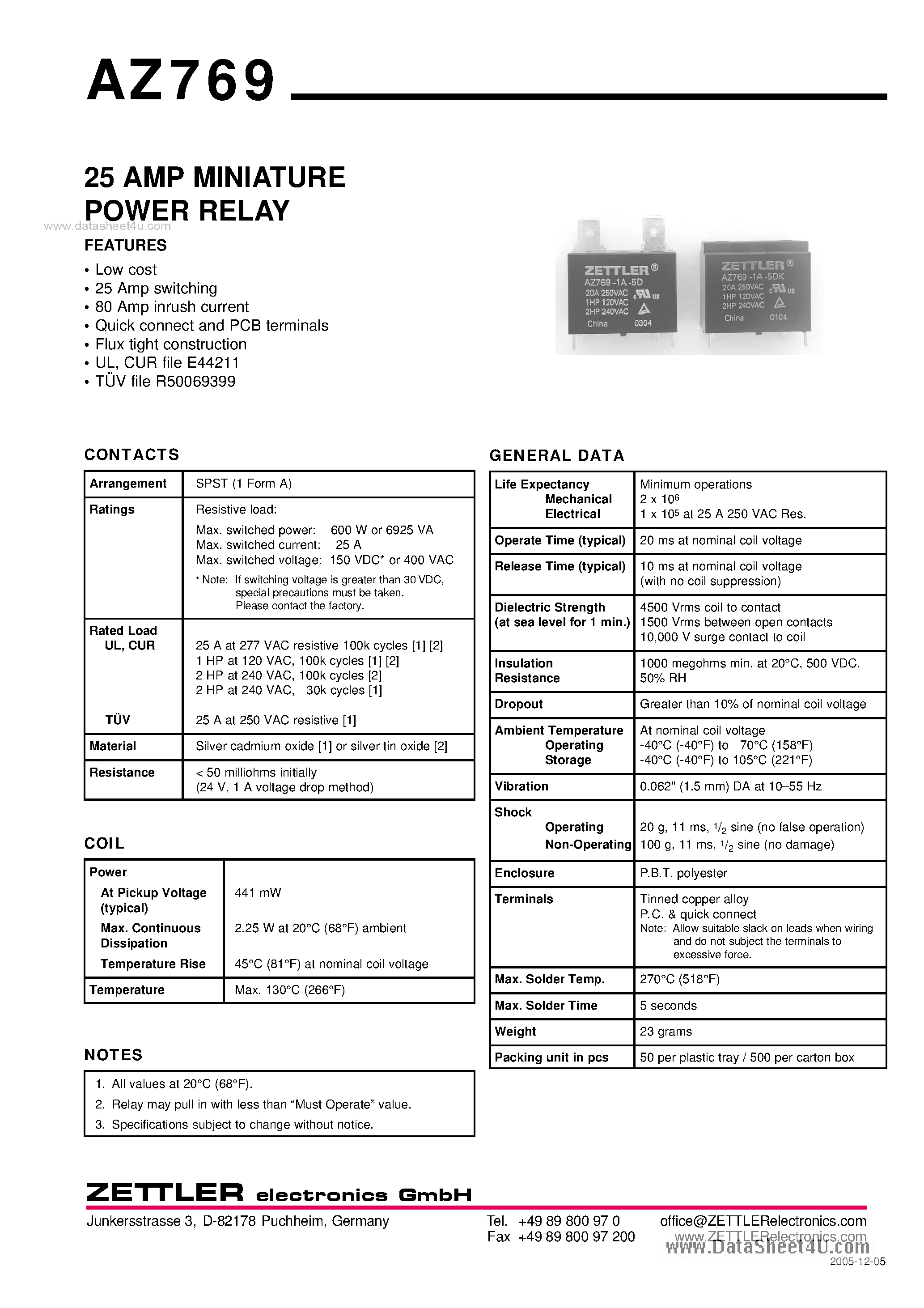 Даташит AZ769 - 25 AMP MINIATURE POWER RELAY страница 1