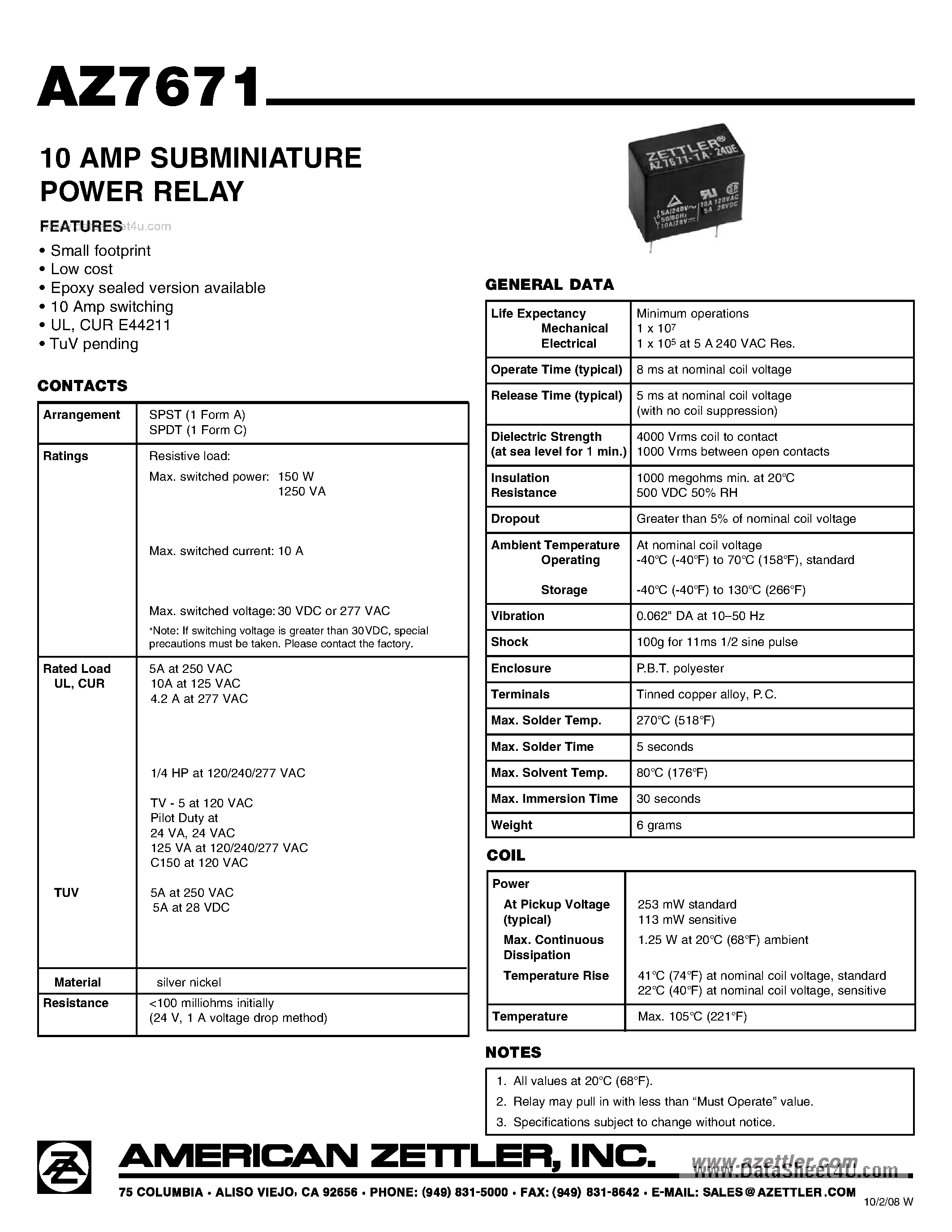 Даташит AZ7671 - 10 AMP MINIATURE POWER RELAY страница 1