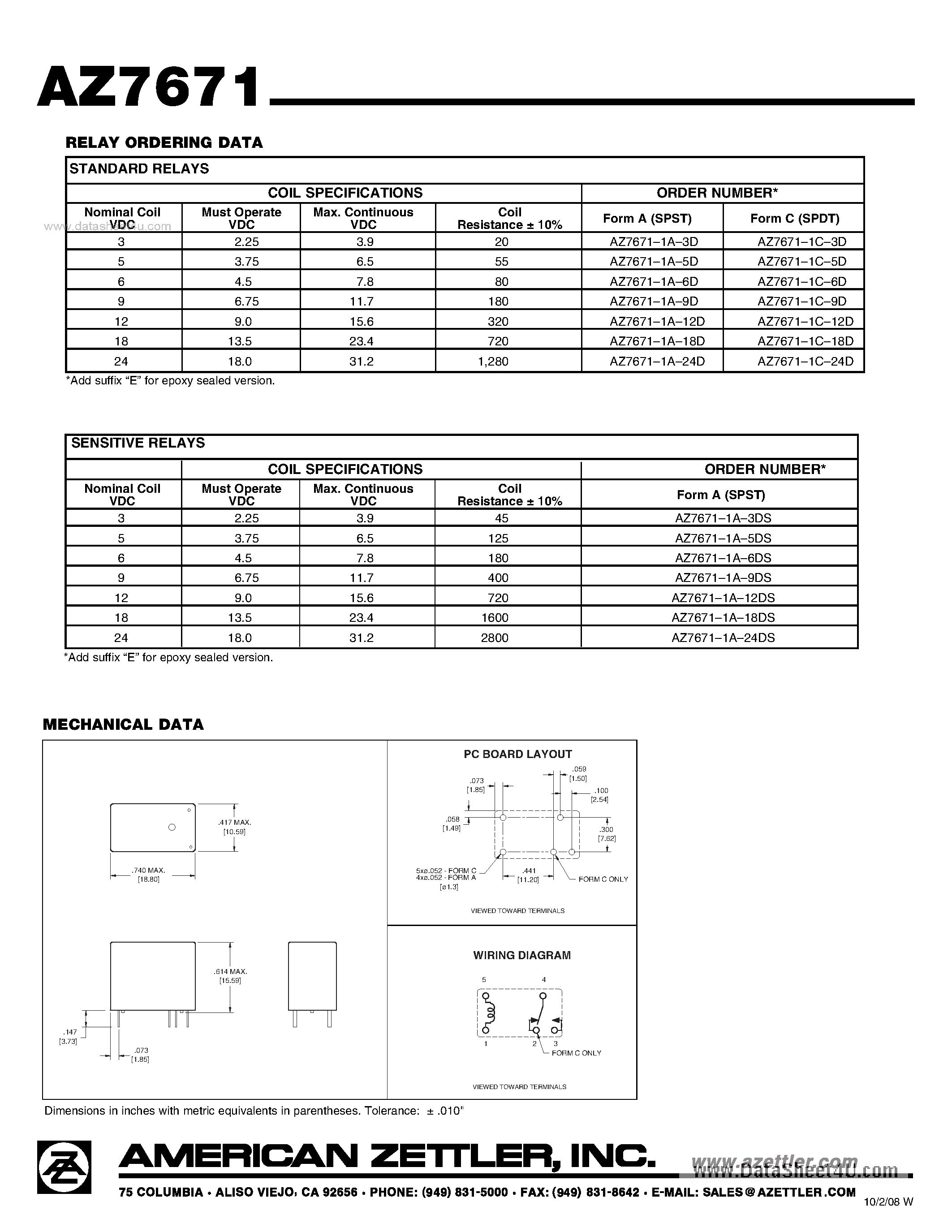 Даташит AZ7671 - 10 AMP MINIATURE POWER RELAY страница 2