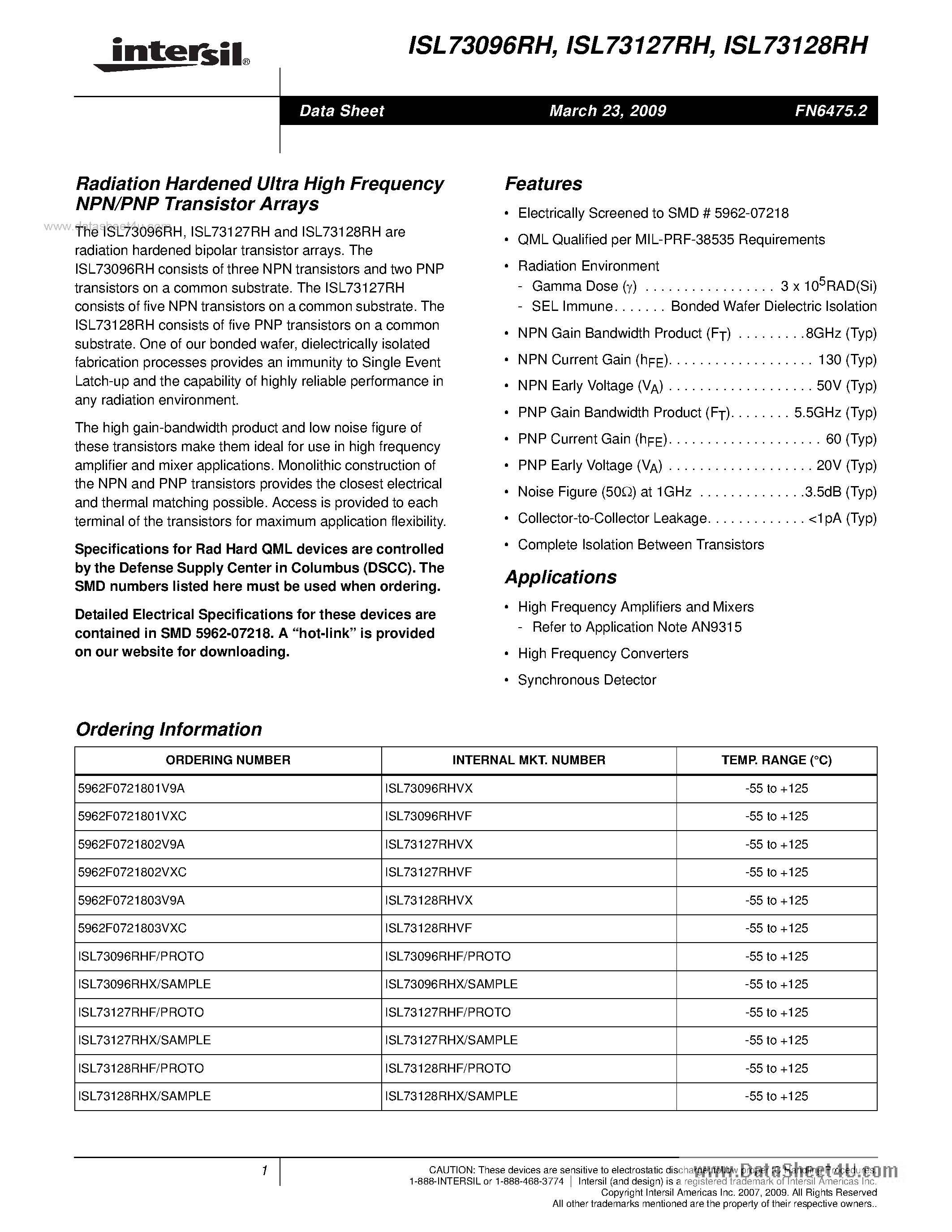 Даташит ISL73096RH - (ISL73xxxRH) Ultra High Frequency NPN-PNP Transistor Array страница 1