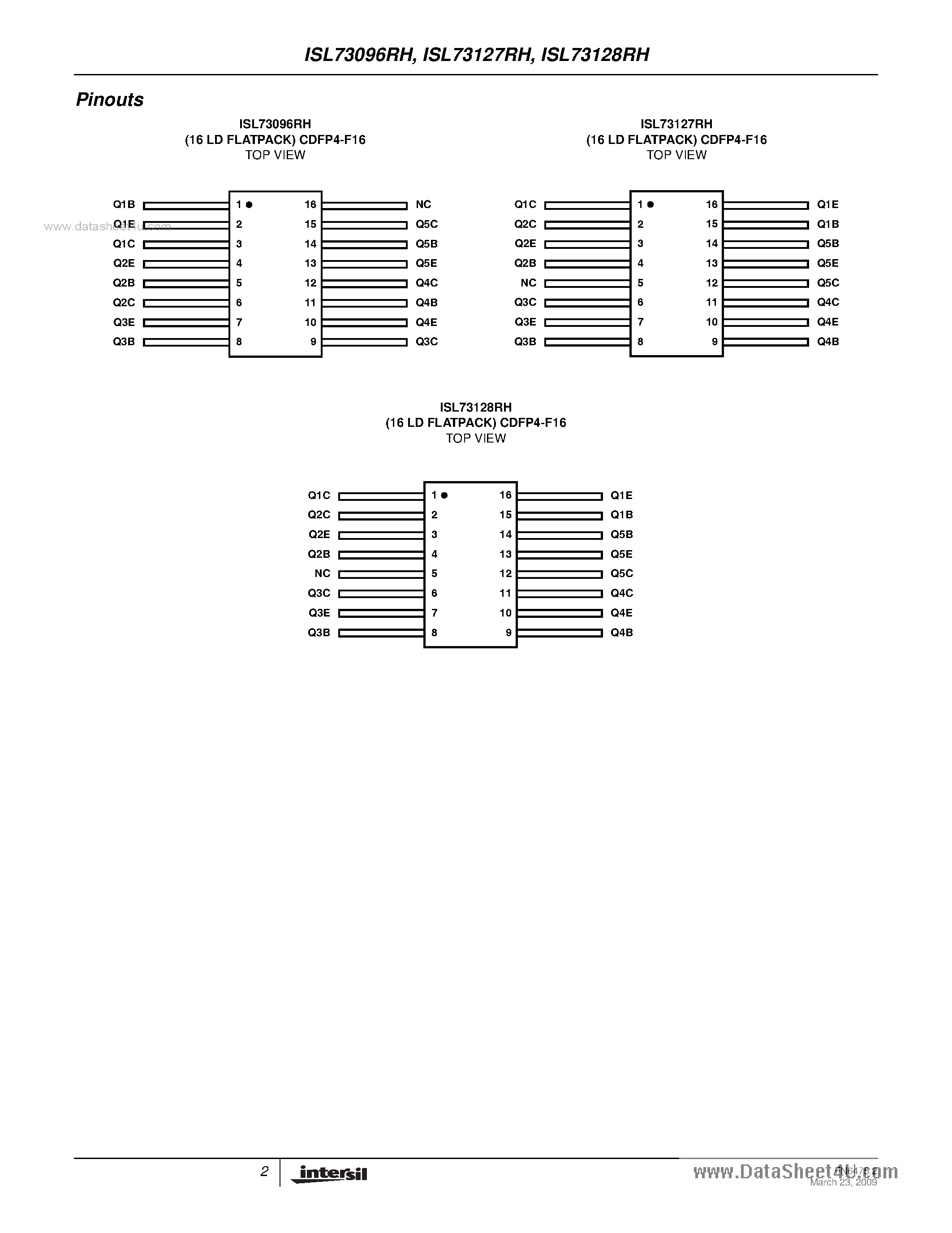 Даташит ISL73096RH - (ISL73xxxRH) Ultra High Frequency NPN-PNP Transistor Array страница 2