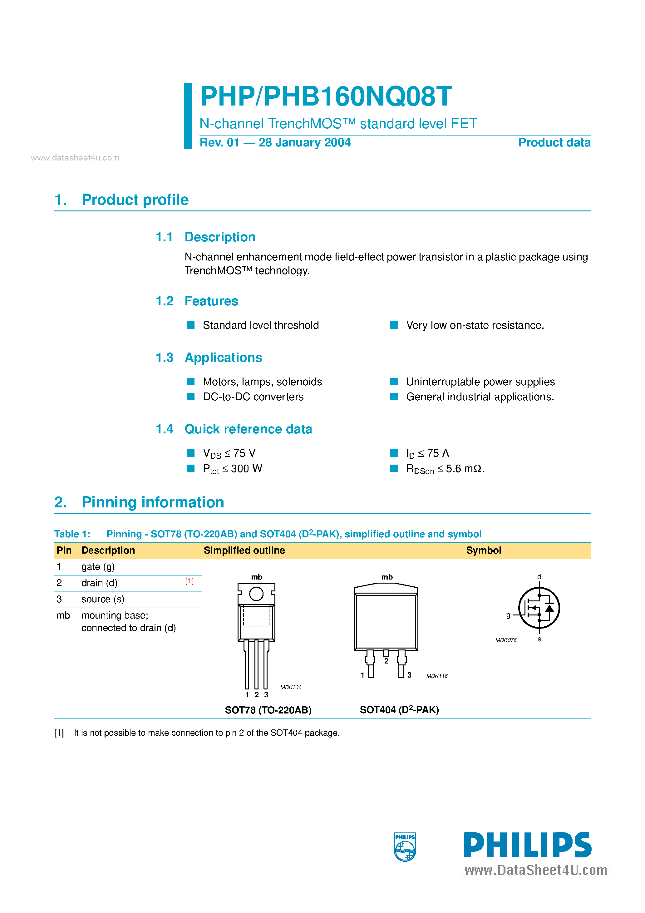 Datasheet PHB160NQ08T - N-channel TrenchMOS standard level FET page 1