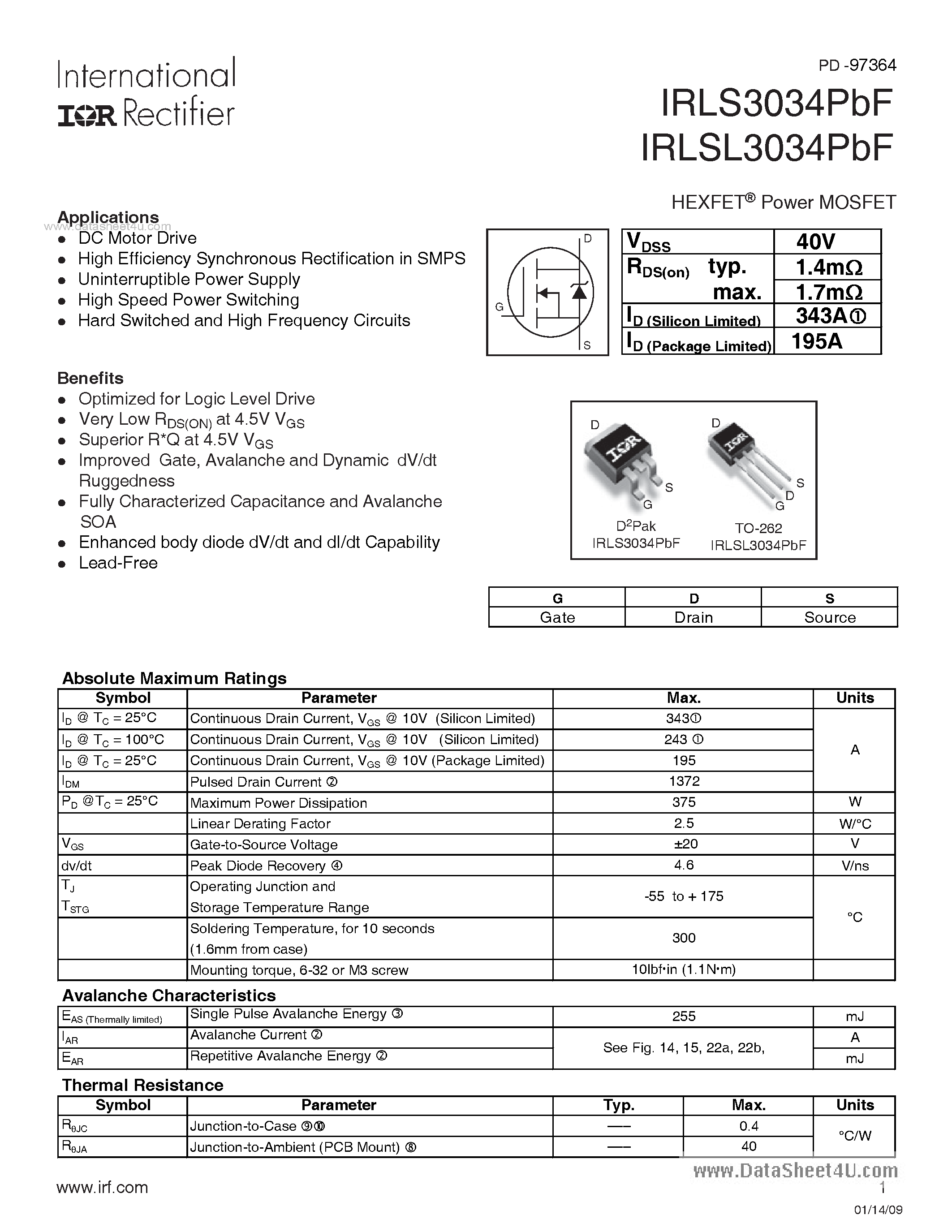 Datasheet IRLS3034PBF - 40V Single N-Channel HEXFET Power MOSFET page 1