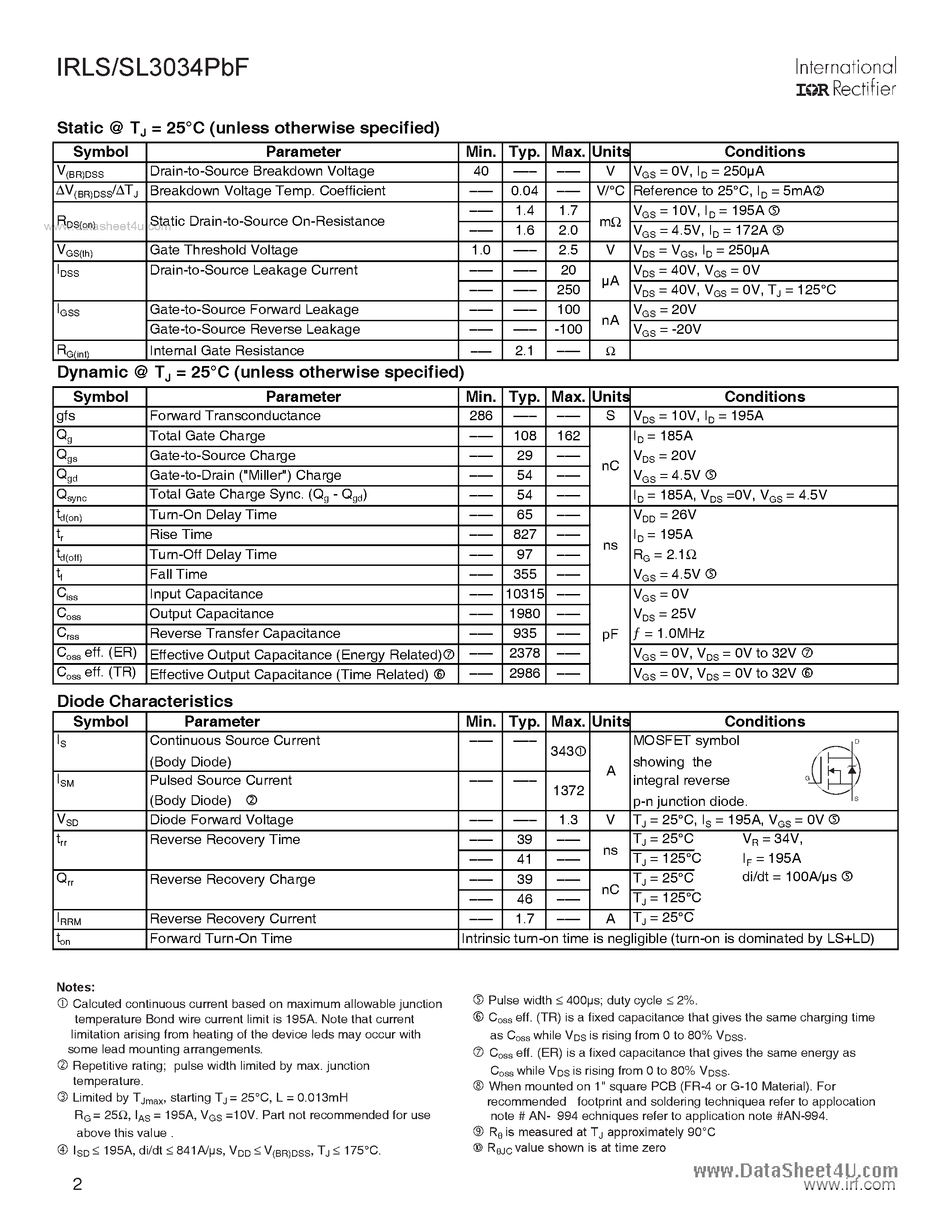 Datasheet IRLS3034PBF - 40V Single N-Channel HEXFET Power MOSFET page 2