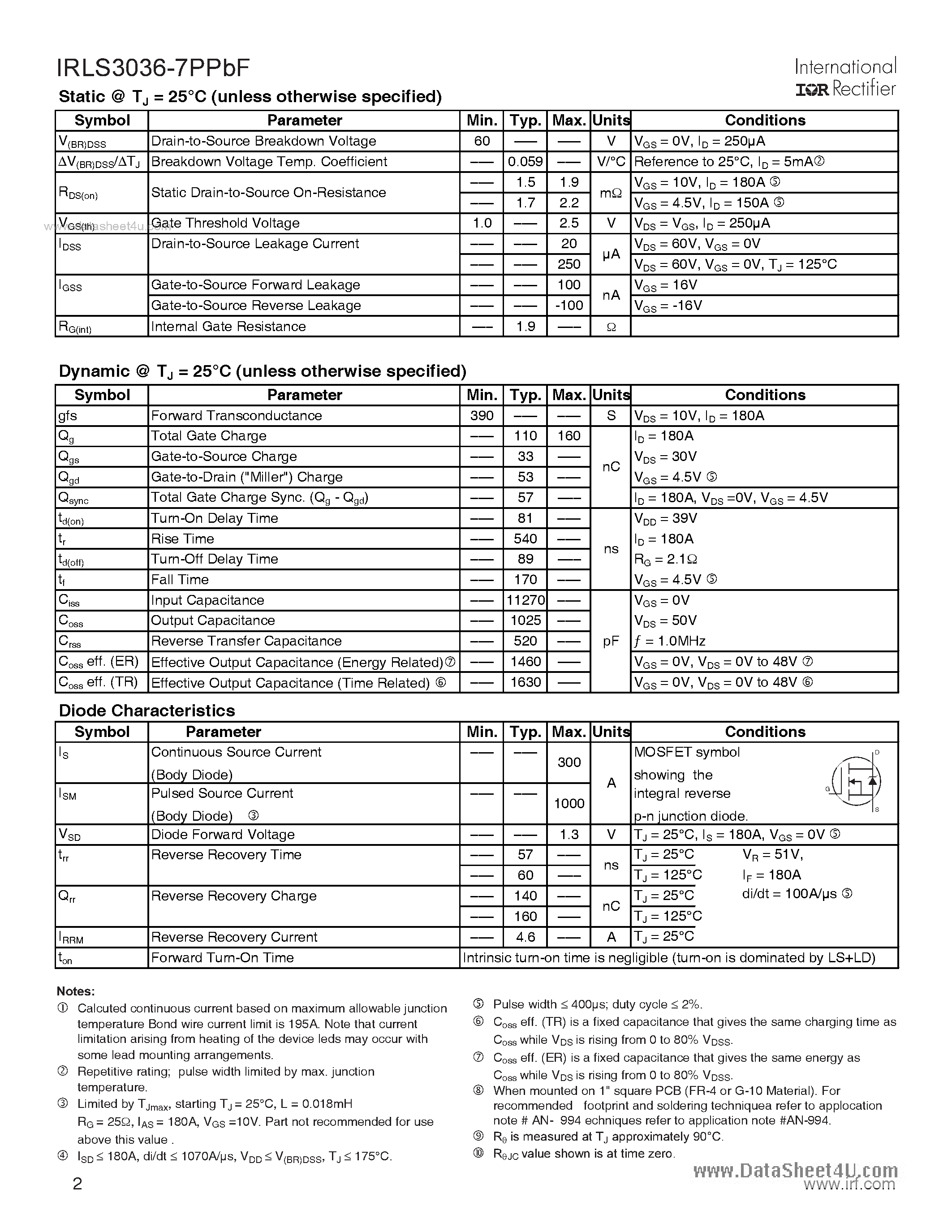 Даташит IRLS3036-7PPBF - 60V Single N-Channel HEXFET Power MOSFET страница 2