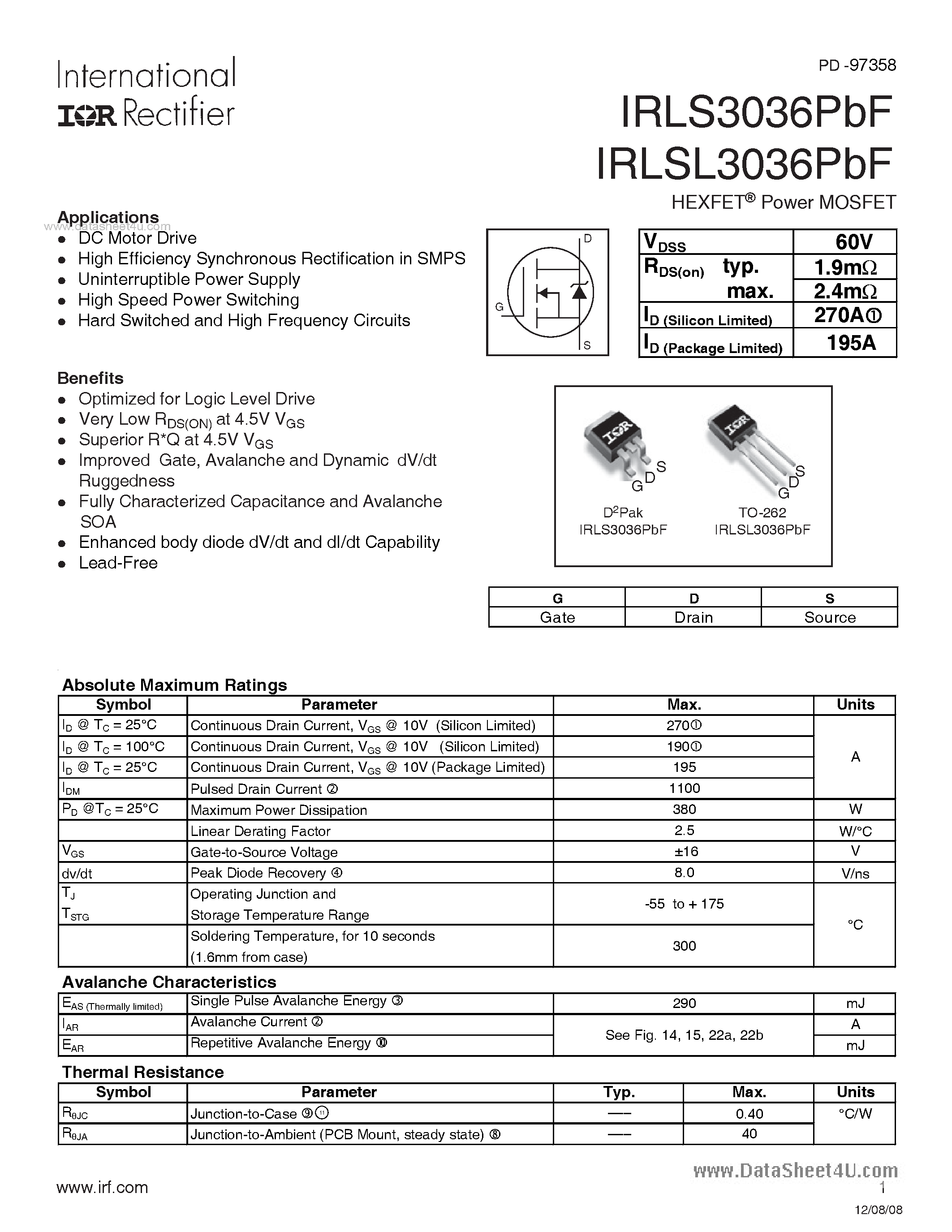 Даташит IRLS3036PBF - 60V Single N-Channel HEXFET Power MOSFET страница 1