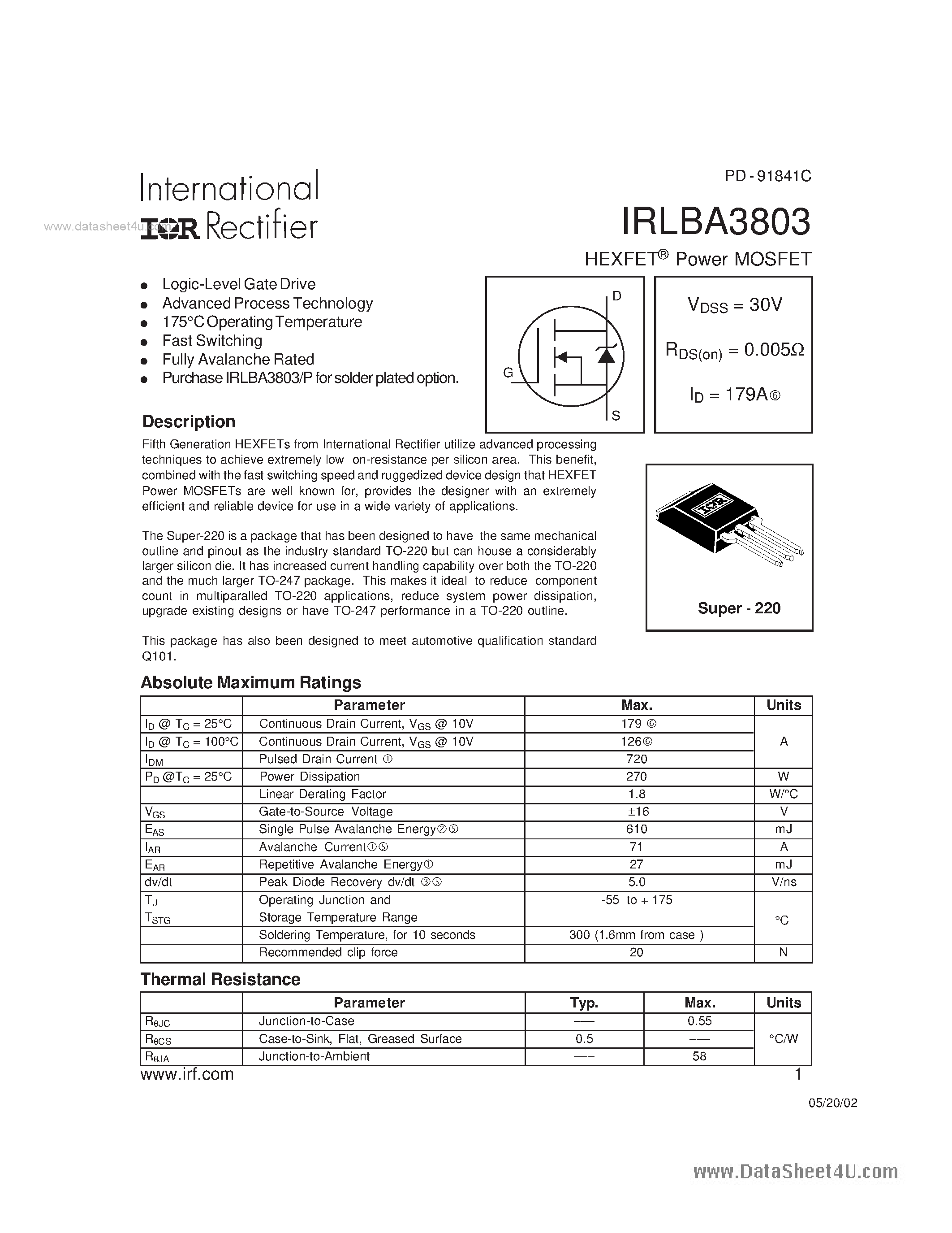Datasheet IRLBA3803 page 1 Datasheet IRLBA3803 - HEXFET Power MOSFET page 1