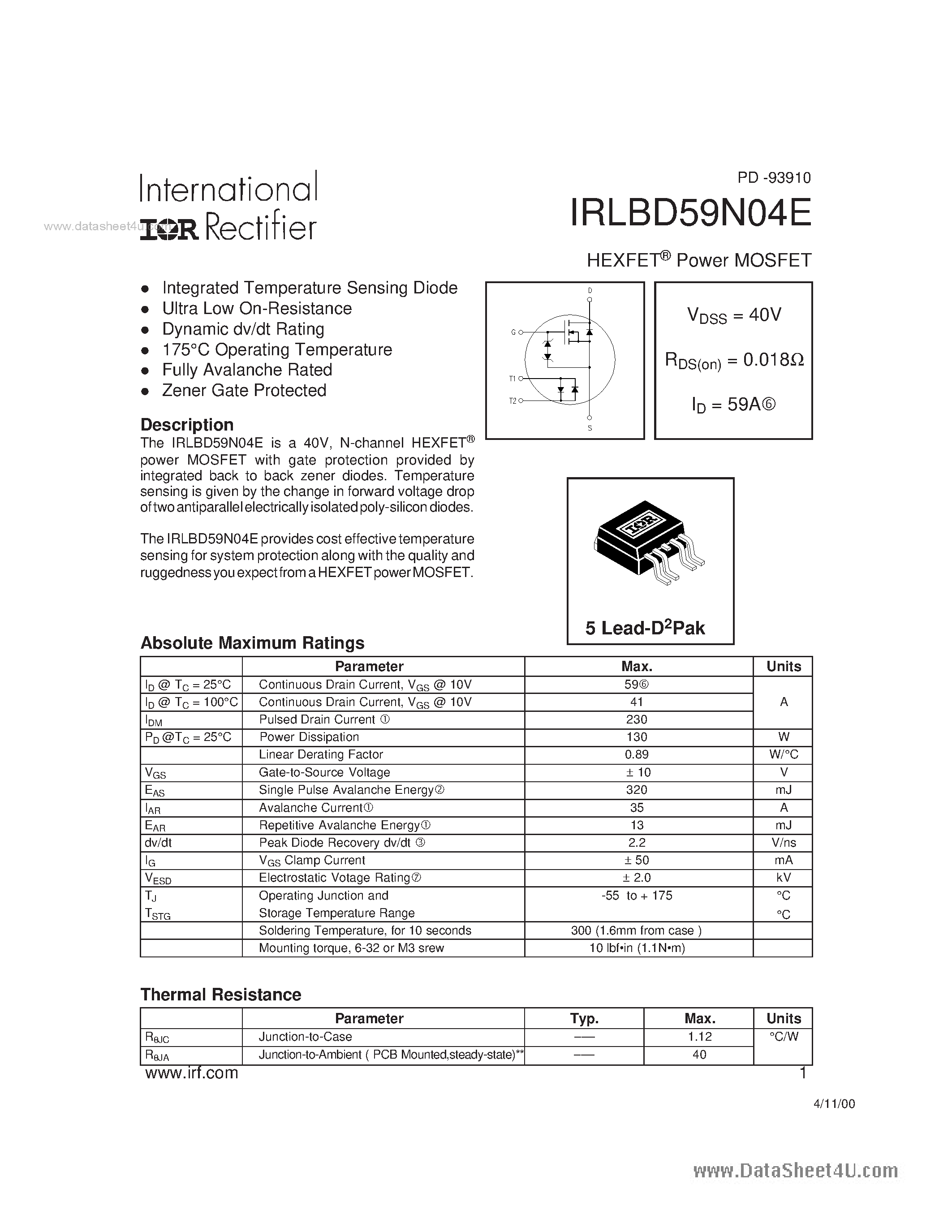 Datasheet IRLBD59N04E - HEXFET Power MOSFET page 1