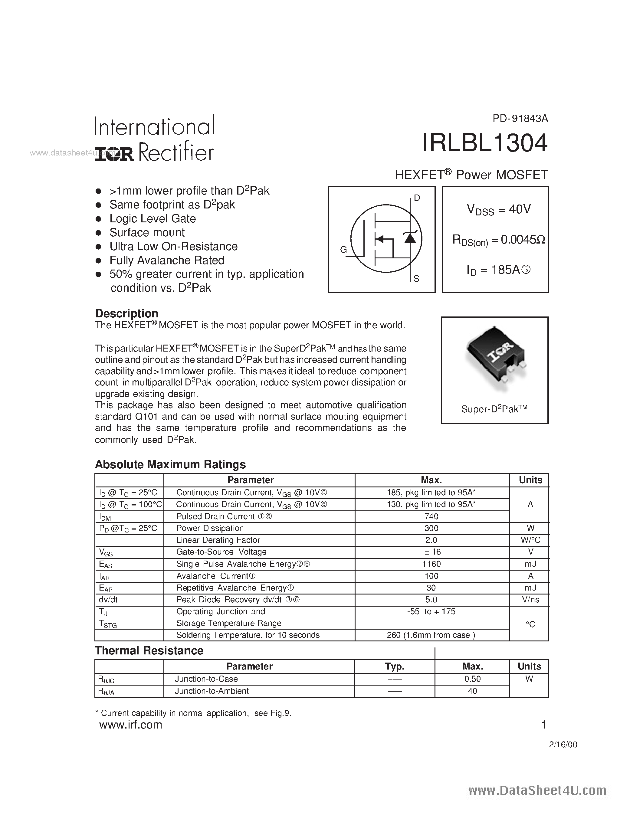 Datasheet IRLBL1304 - Power MOSFET page 1