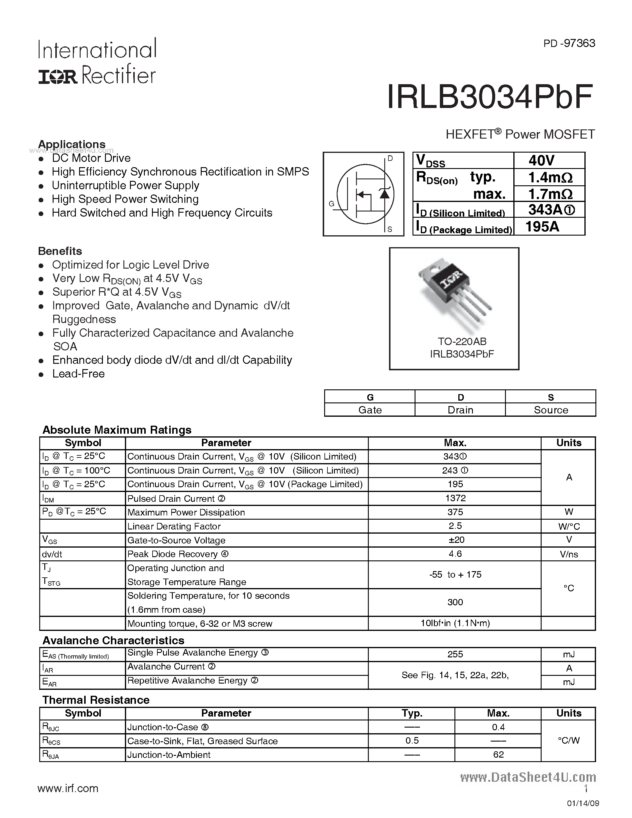 Datasheet IRLB3034PBF - 40V Single N-Channel HEXFET Power MOSFET page 1