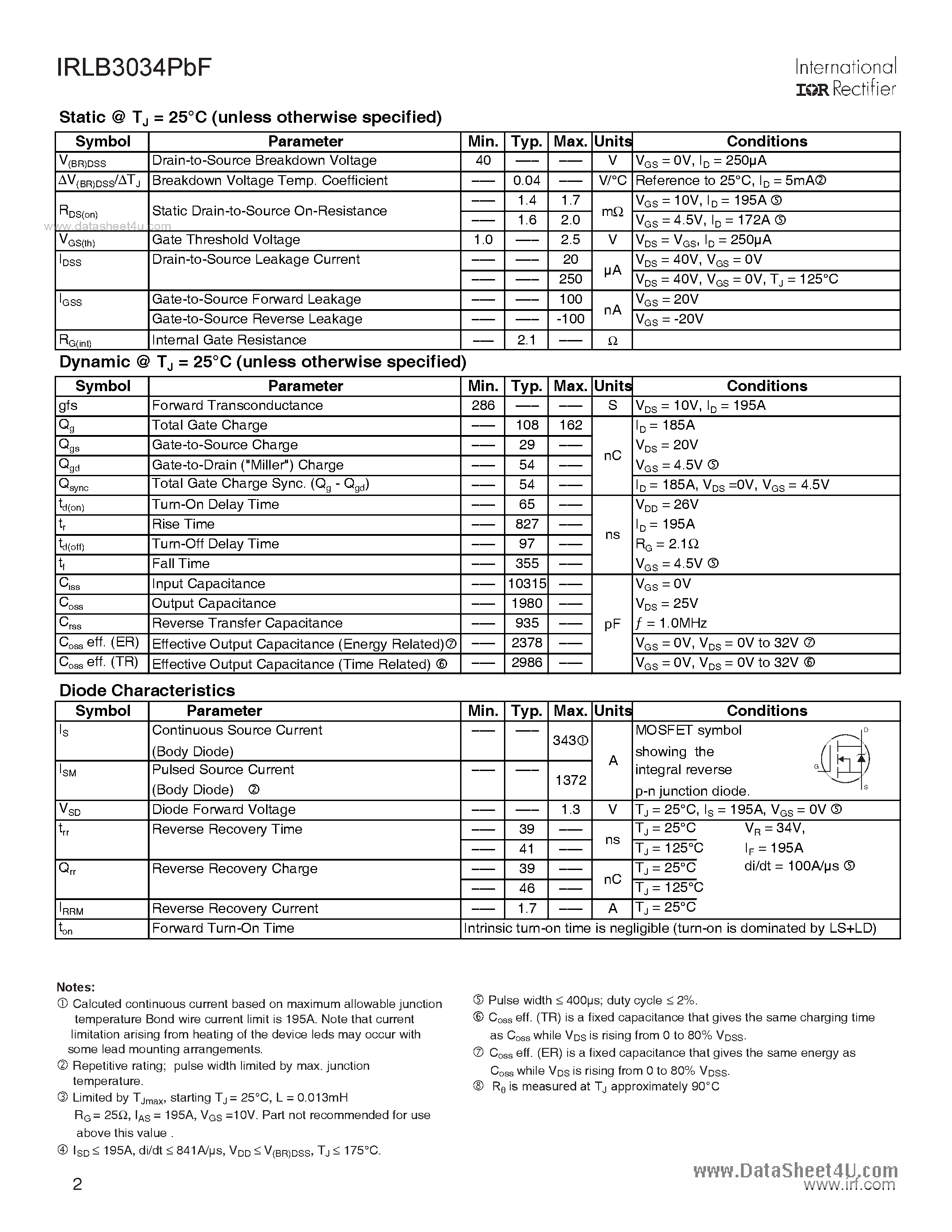 Datasheet IRLB3034PBF - 40V Single N-Channel HEXFET Power MOSFET page 2