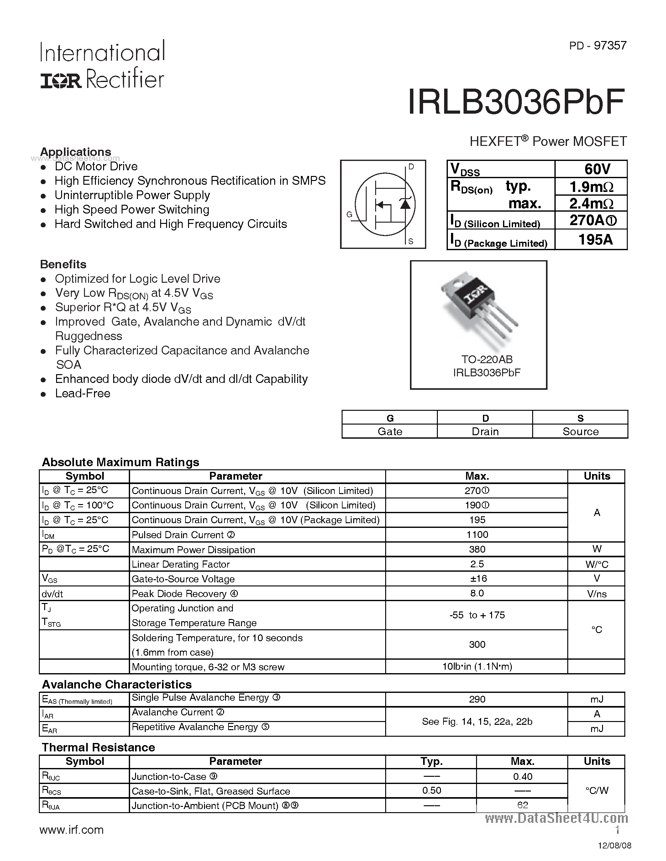 Datasheet IRLB3036PBF page 1 Datasheet IRLB3036PBF - 60V Single N-Channel HEXFET Power MOSFET page 1