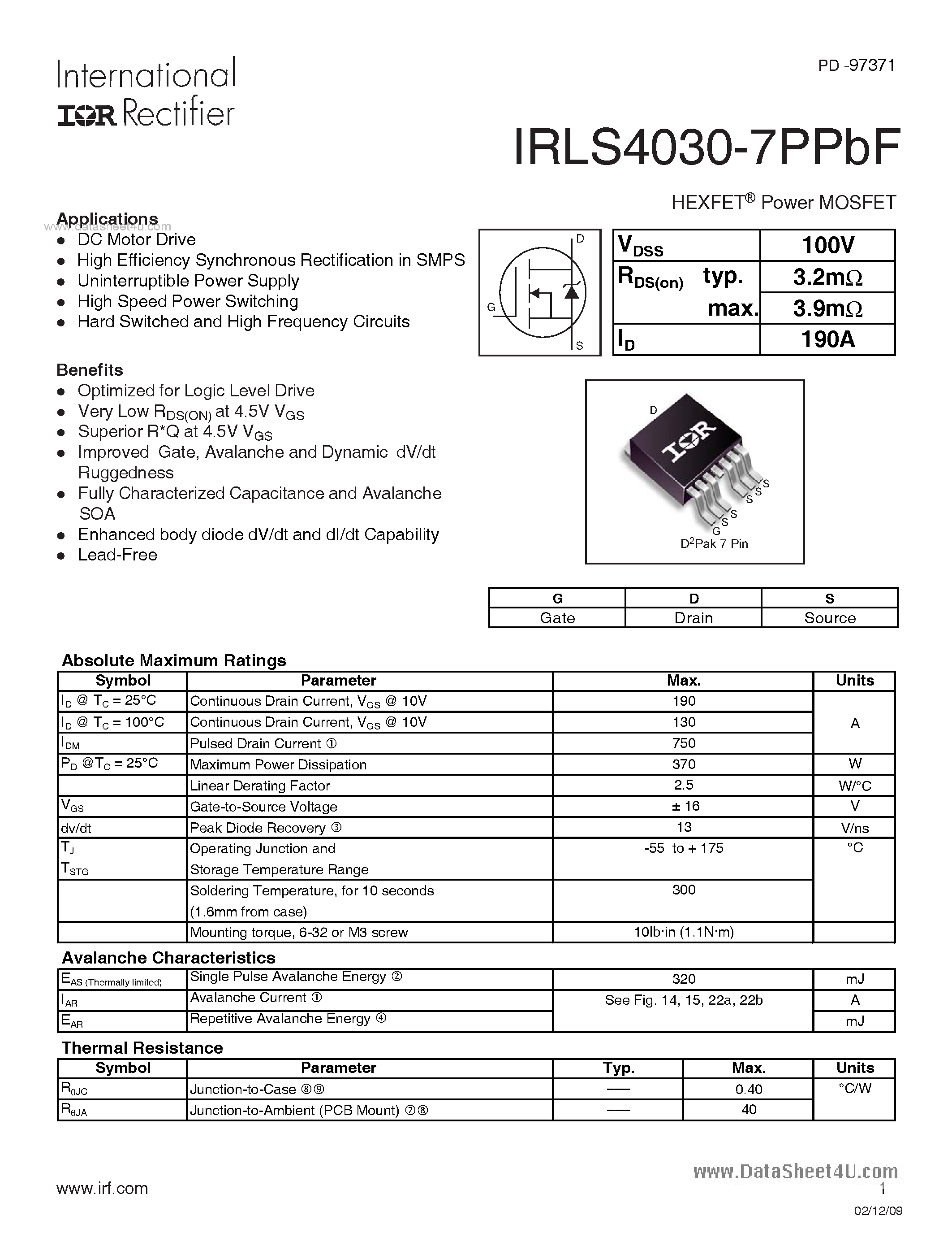 Даташит IRLS4030-7PPBF - 100V Single N-Channel HEXFET Power MOSFET страница 1