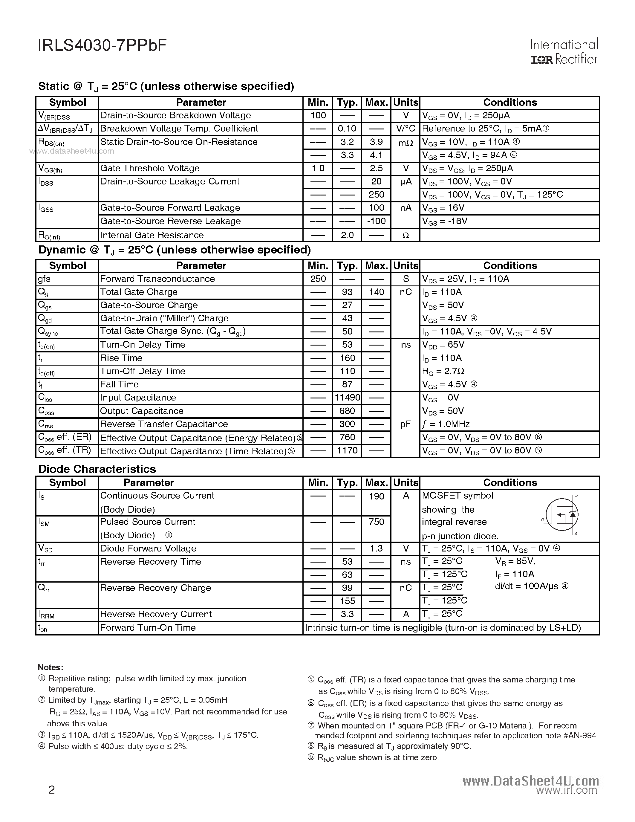 Даташит IRLS4030-7PPBF - 100V Single N-Channel HEXFET Power MOSFET страница 2